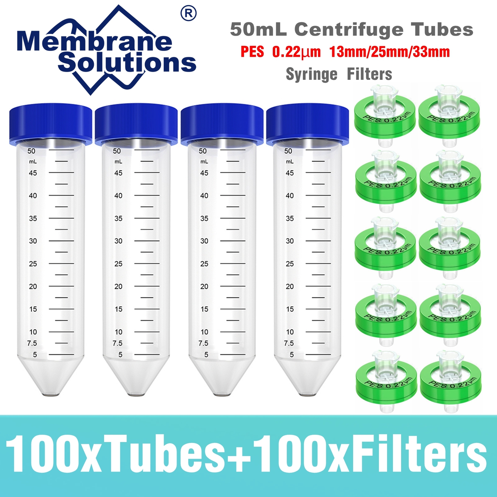 100PCS PES Syringe Filters 0.22μm 13mm/25mm/33mm + 50mL Conical Centrifuge Tubes
