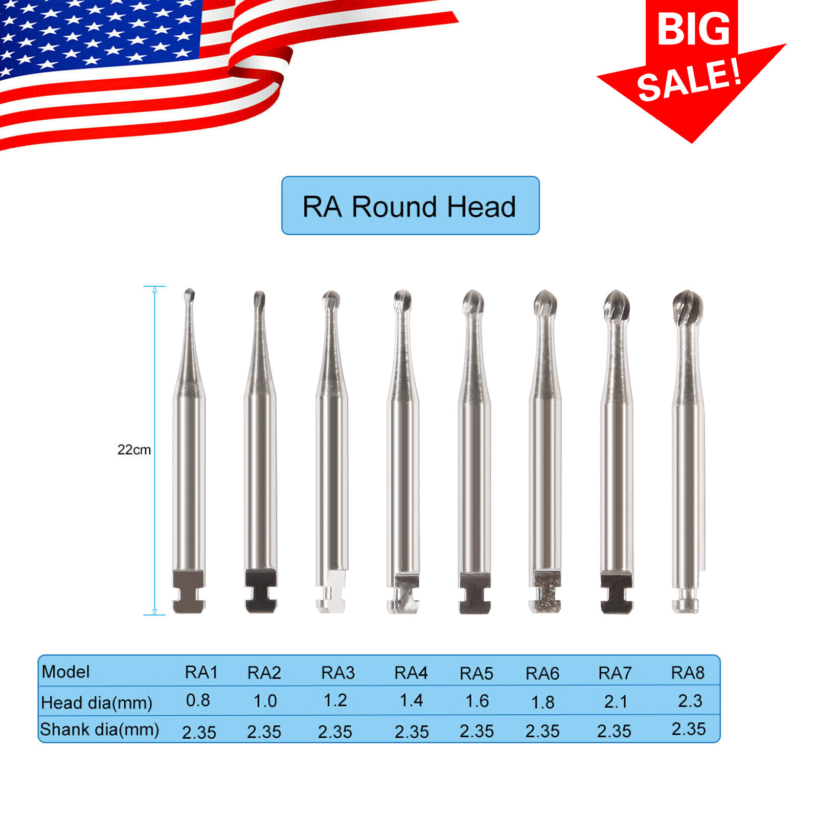 Round Carbide Burs for Slow Speed Latch RA (Choose Your Size / Qty) 22mm ns