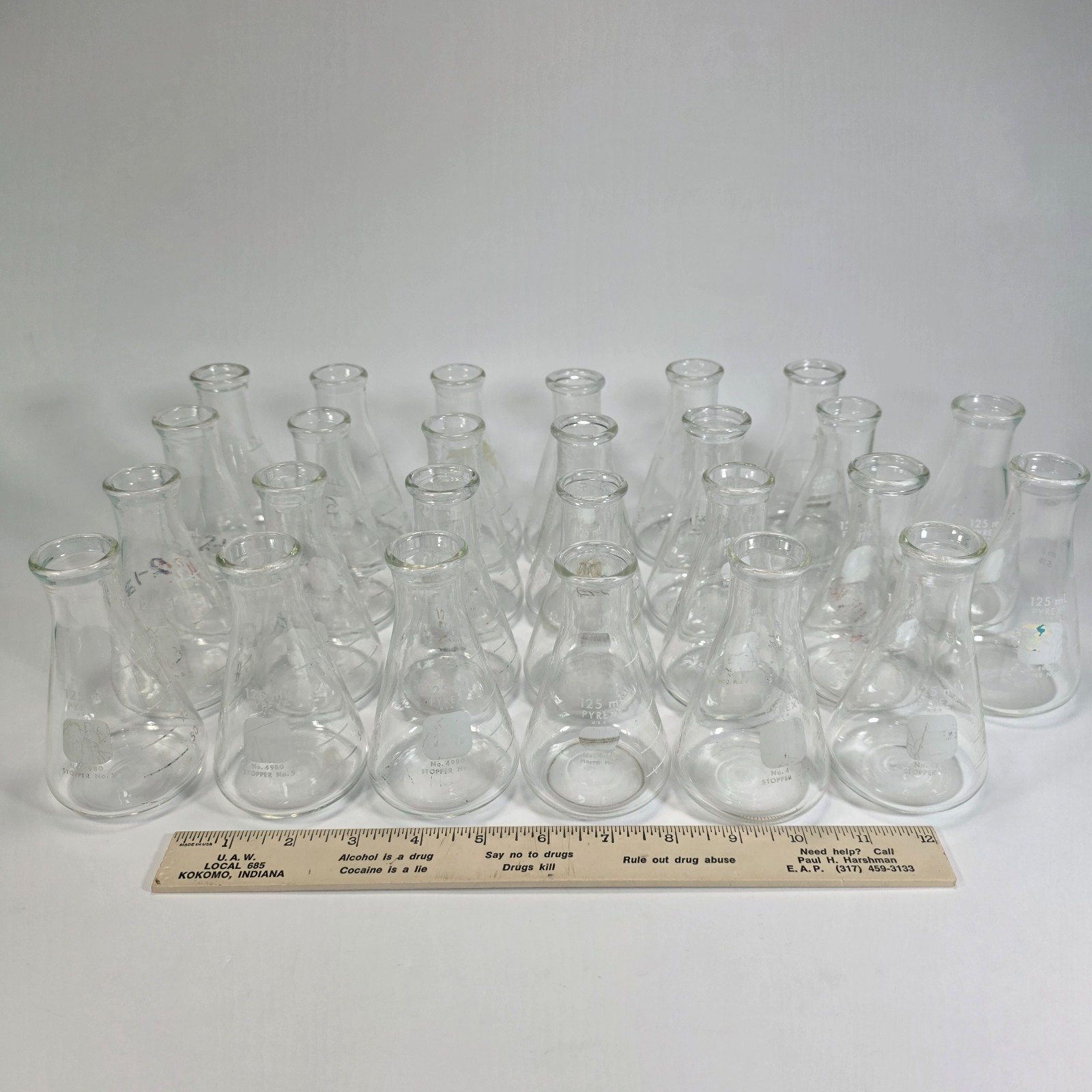 Lot of 6 PYREX 4980 125mL Erlenmeyer Flasks No. 5 Stopper USA Glass