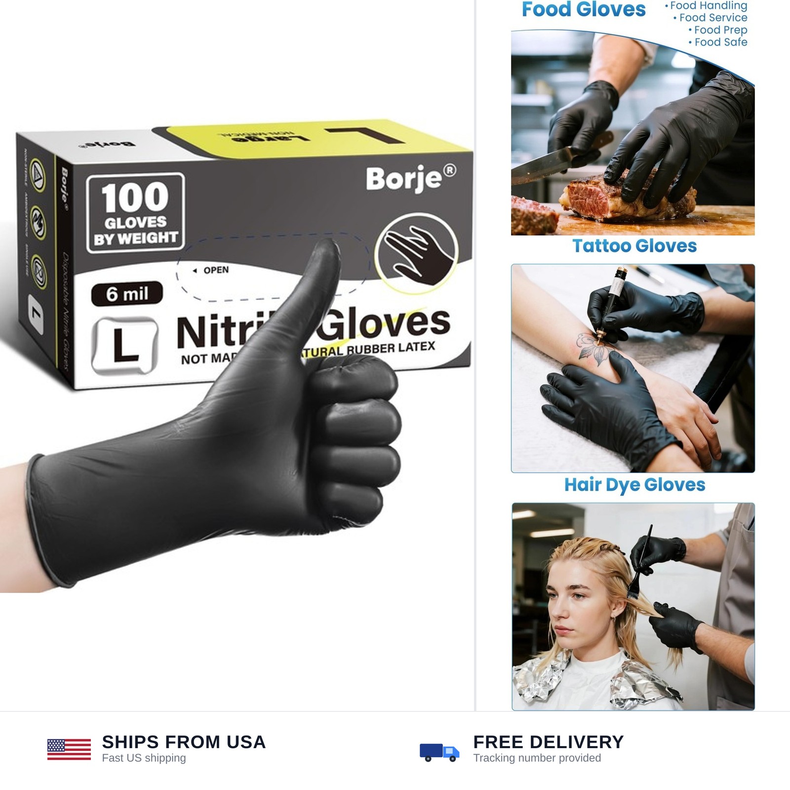 Borje Nitrile Gloves Large, 100 Count Disposable Gloves, Black, Latex & Powde…