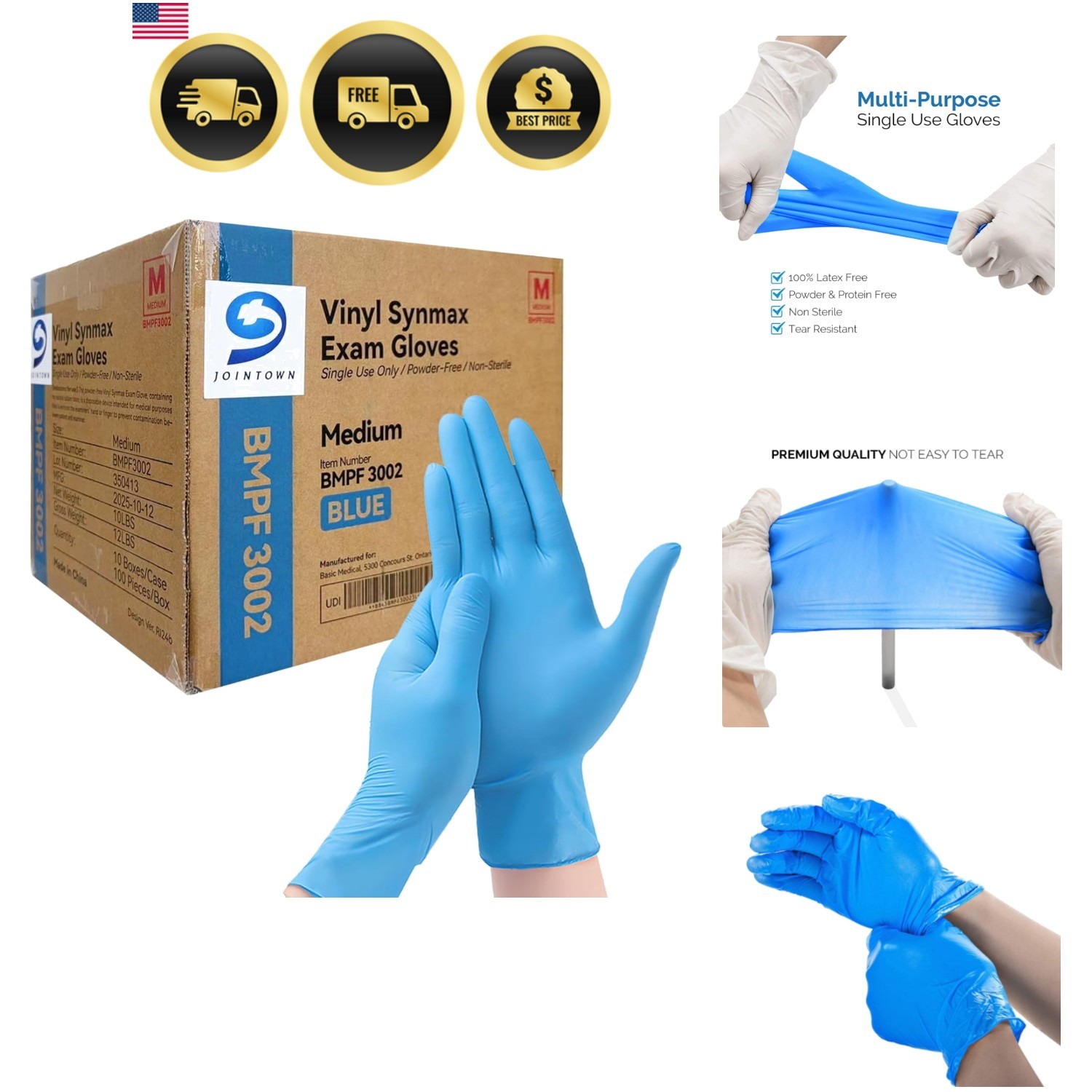 Basic Vinyl Exam Gloves, Latex-Free, Powder-Free, Disposable, Medium, Case of…