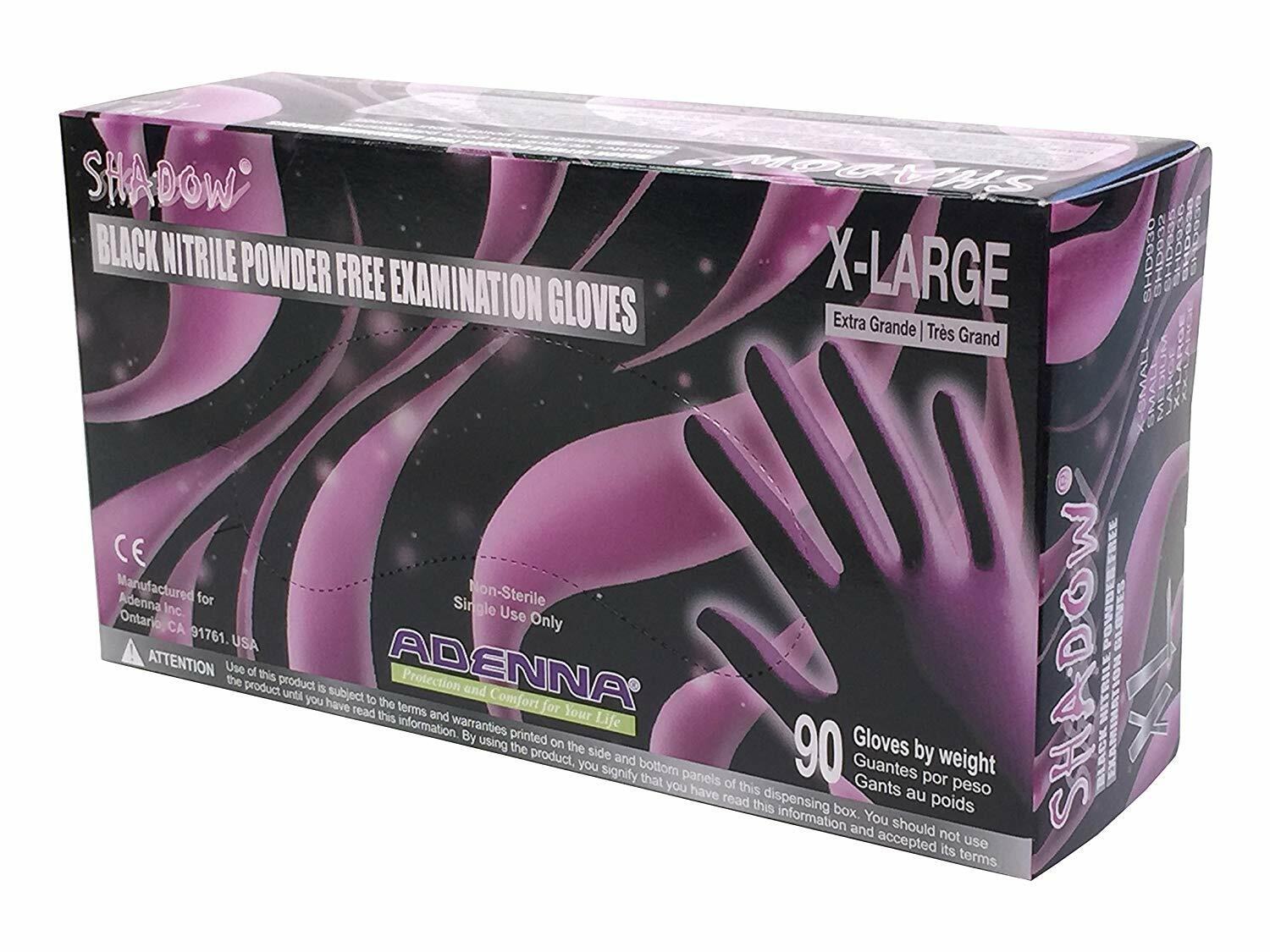 Adenna SHD938 Shadow Nitrile Powder Free Exam Gloves, X-Large, Black, 90 Count