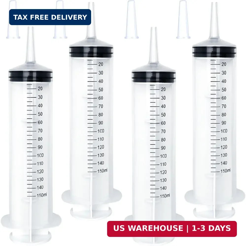4 Pack 150mL Large Syringe for Liquid with Tip Cap, Plastic Liquid Syringes Indi