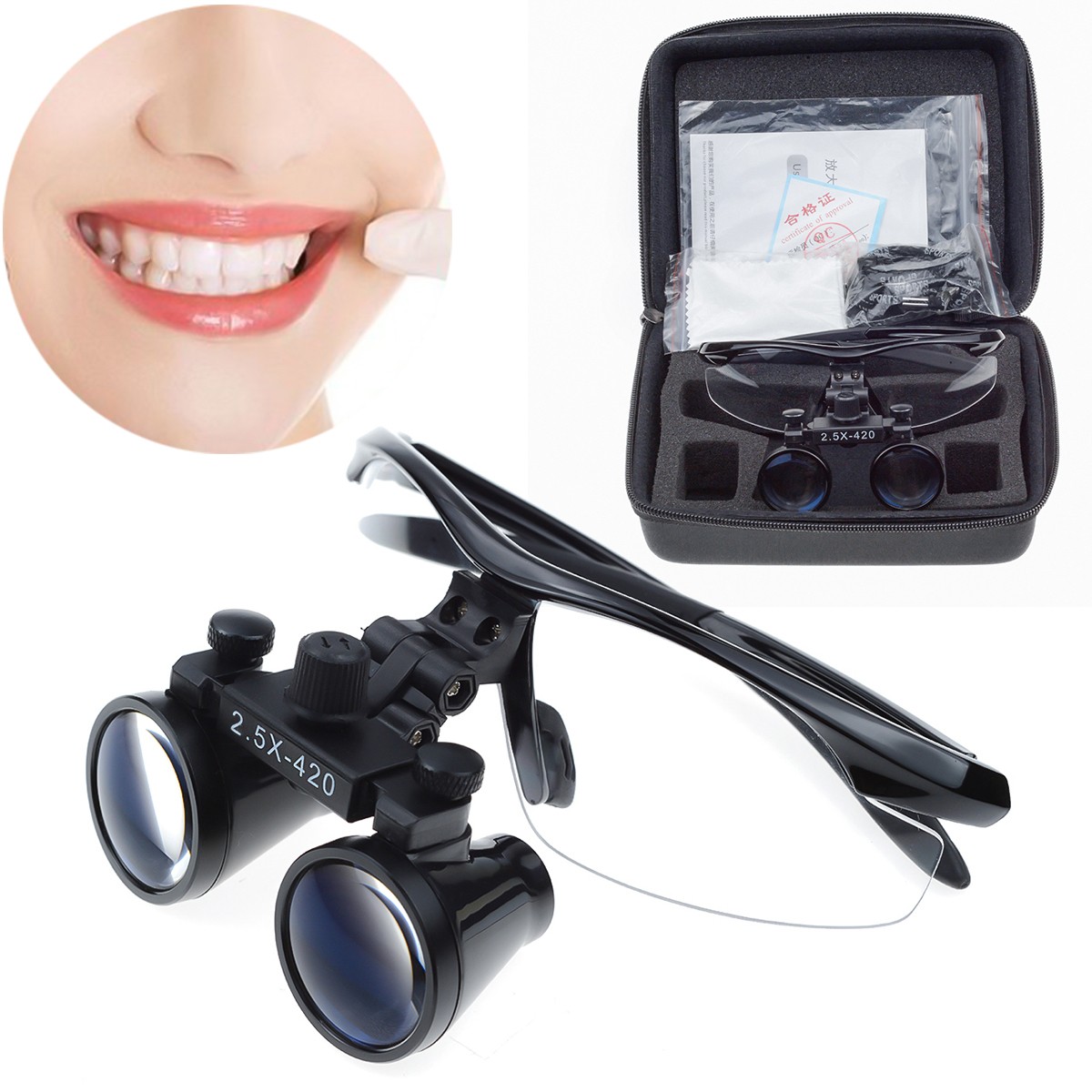 Dental 2.5X-420MM Magnification Binocular Loupe Compound Optic Black with Bag US
