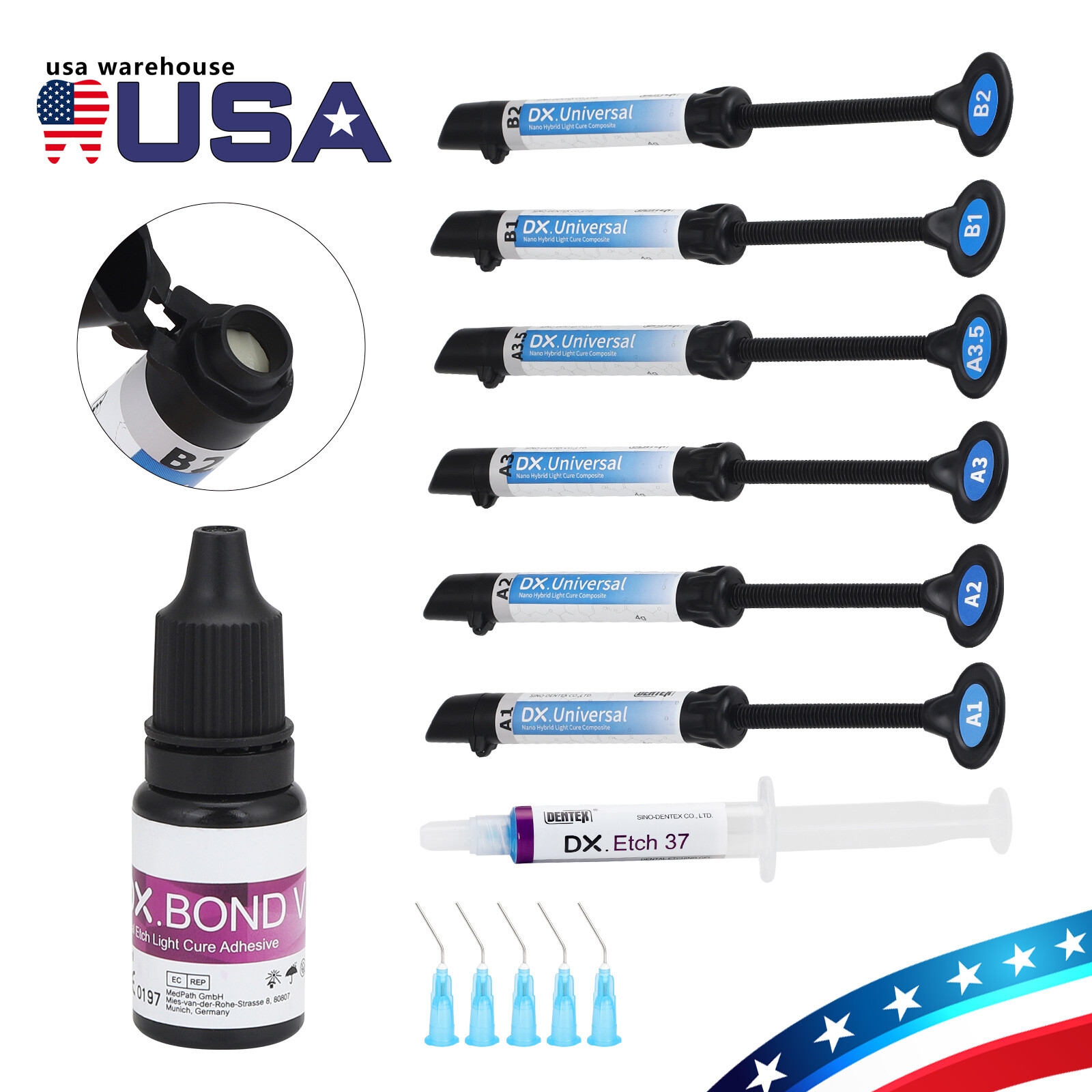 US Dental Universal Light Cure Composite Kit Shade A1 A2 A3 A3.5 B1 B2