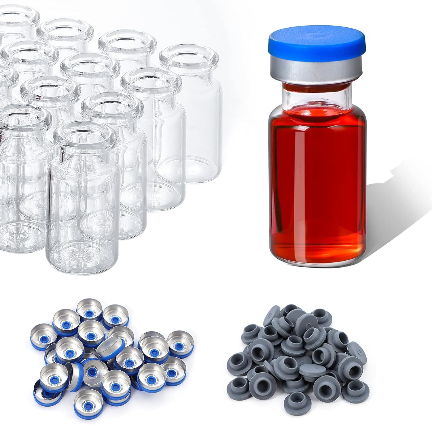 100 Pack 10ml Clear Glass Headspace Vials w/ Plastic-Aluminum Flip Off Caps USA