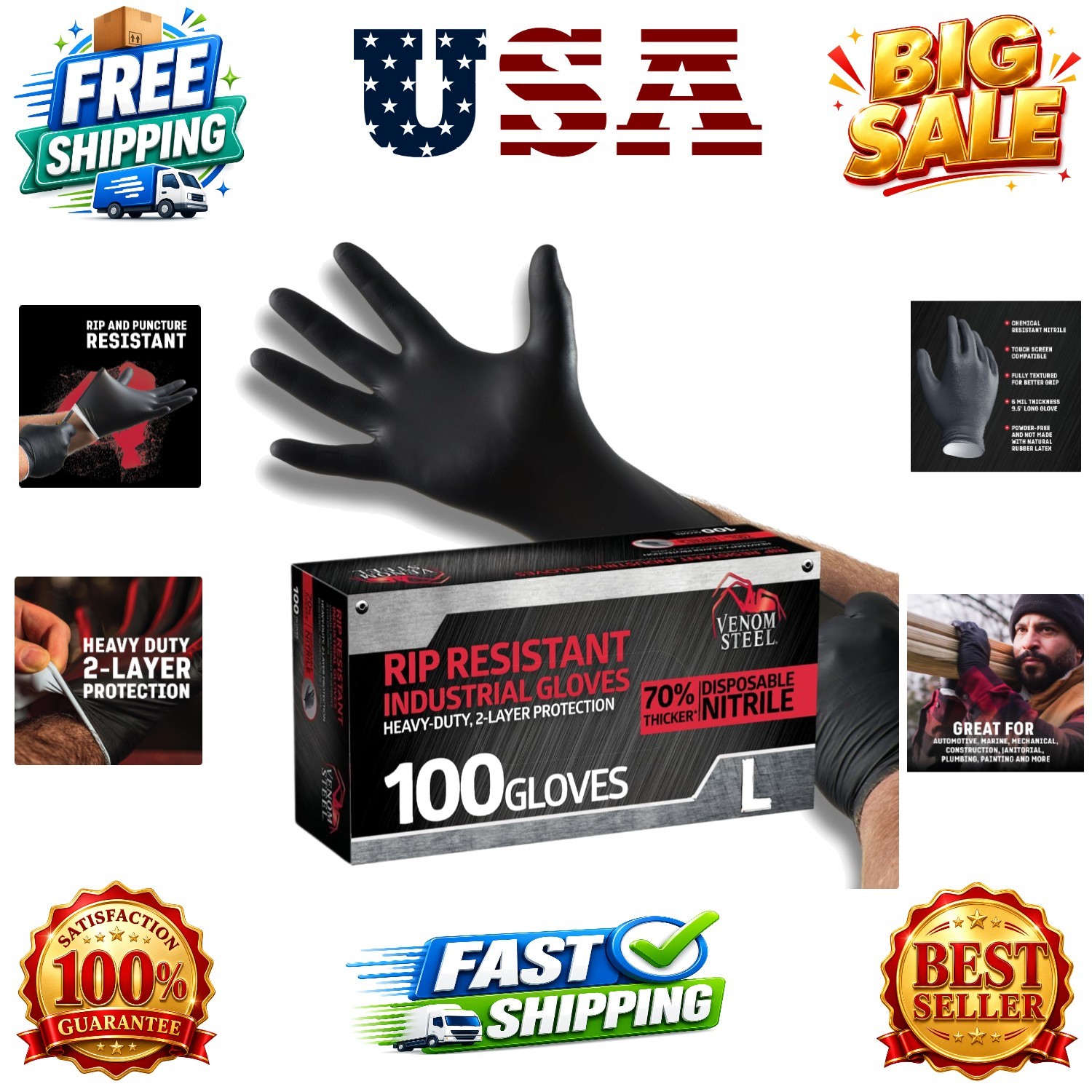 Industrial Nitrile Gloves, Chemical Resistant Disposable Black Gloves, Latex-…