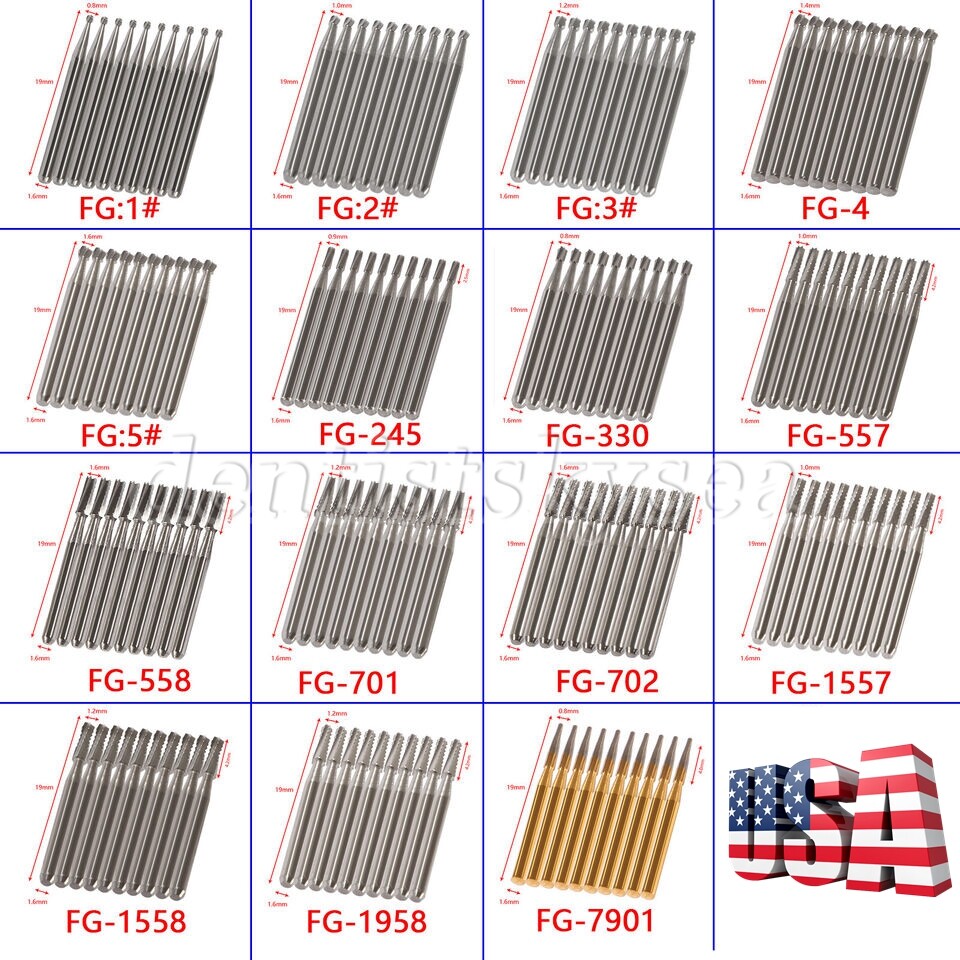 10-100pcs Dental FG Carbide Tungsten Steel Drills Burs for High Speed Handpiece