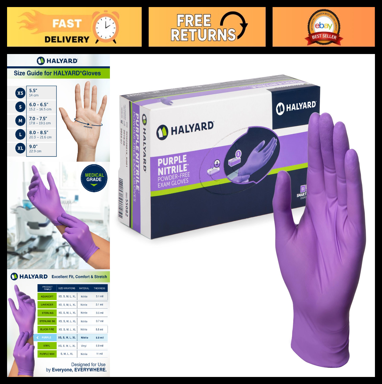Purple Nitrile Dental Exam Gloves, Non-Sterile, 5.9 mil, Large, Box of 100