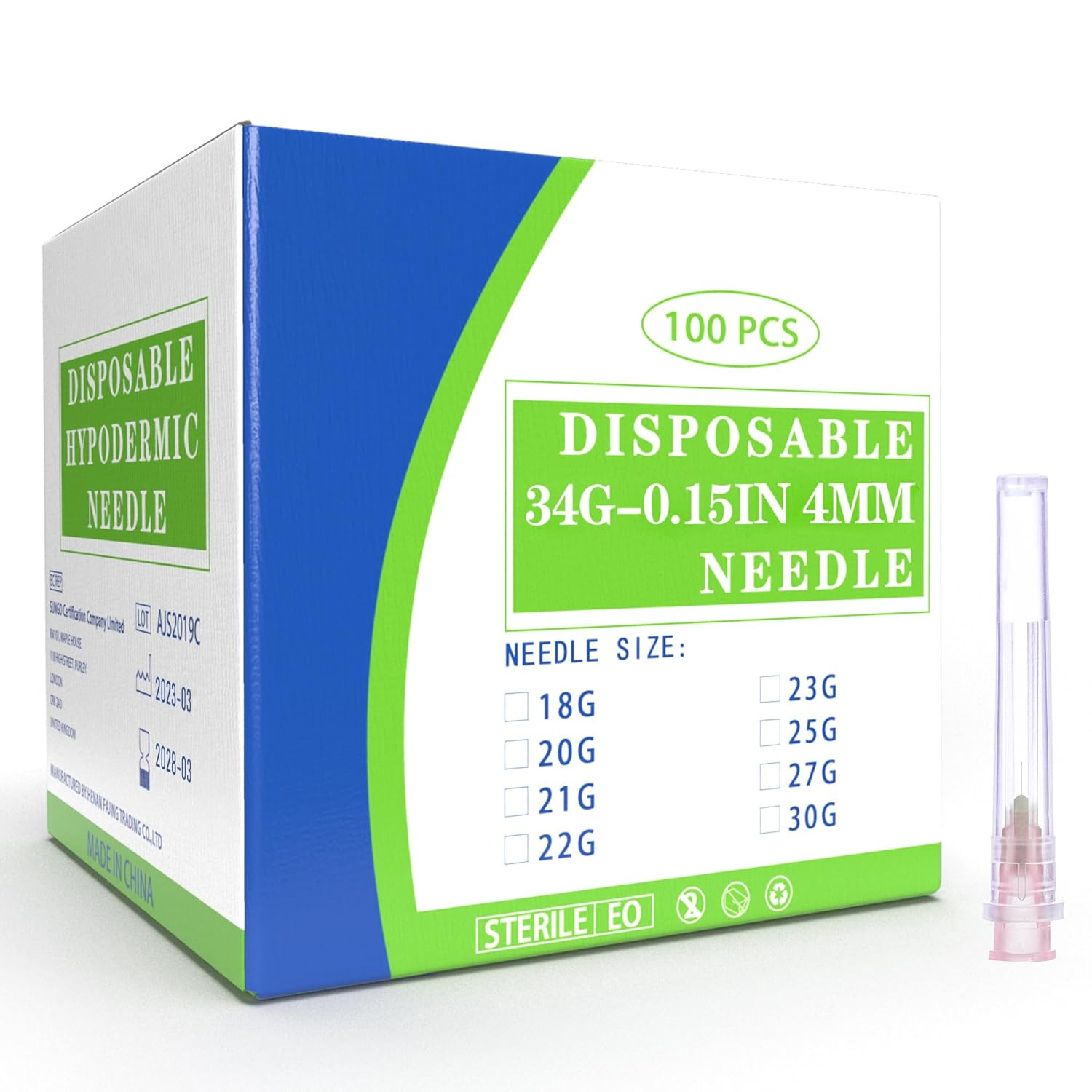 100 Pack 34 Ga 4Mm Disposable Needles with Caps for Scientific and Industrial Di
