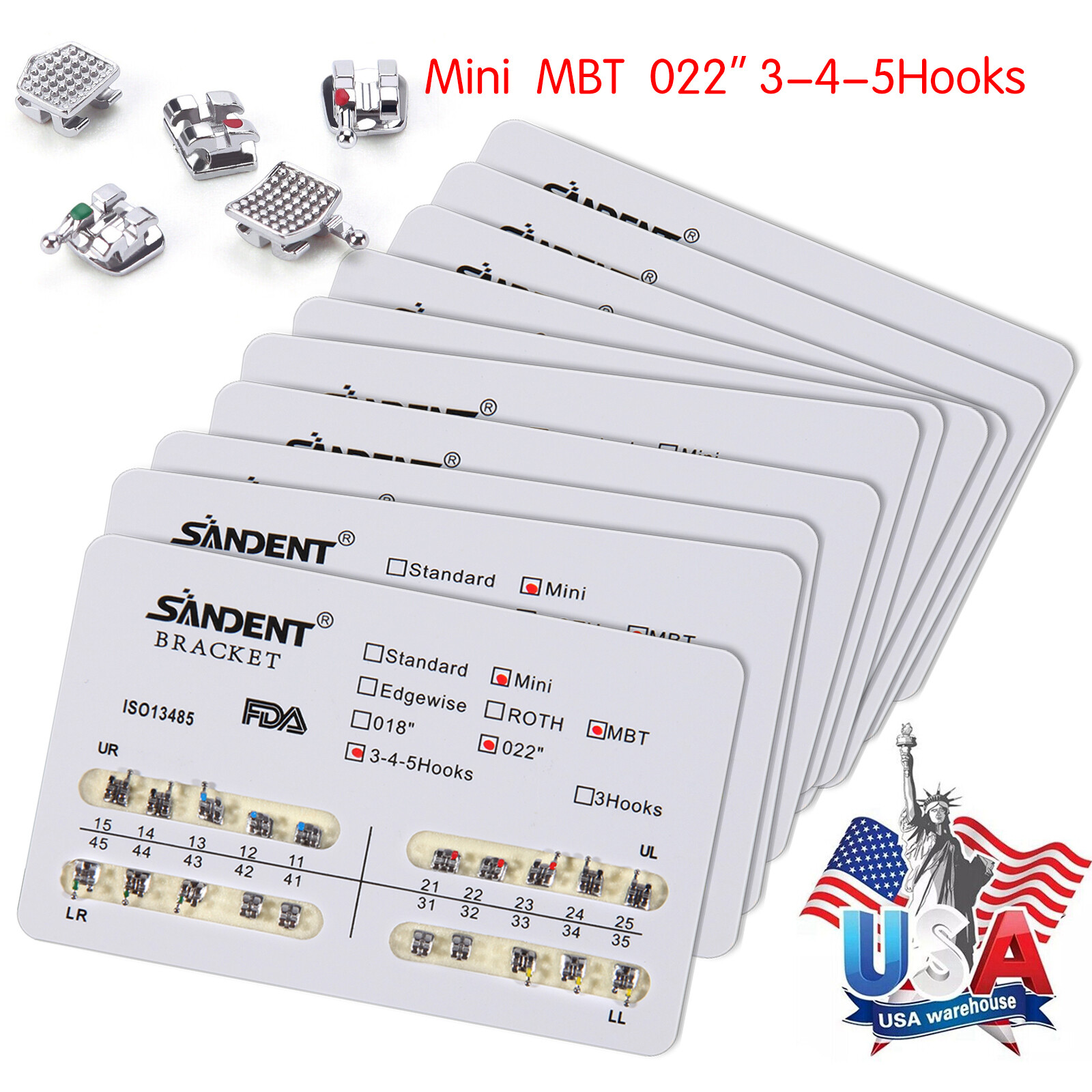SANDENT Dental Ortho Metal Brackets Mini Roth/MBT022 Hooks 3/3-4-5 /4 Sizes SA