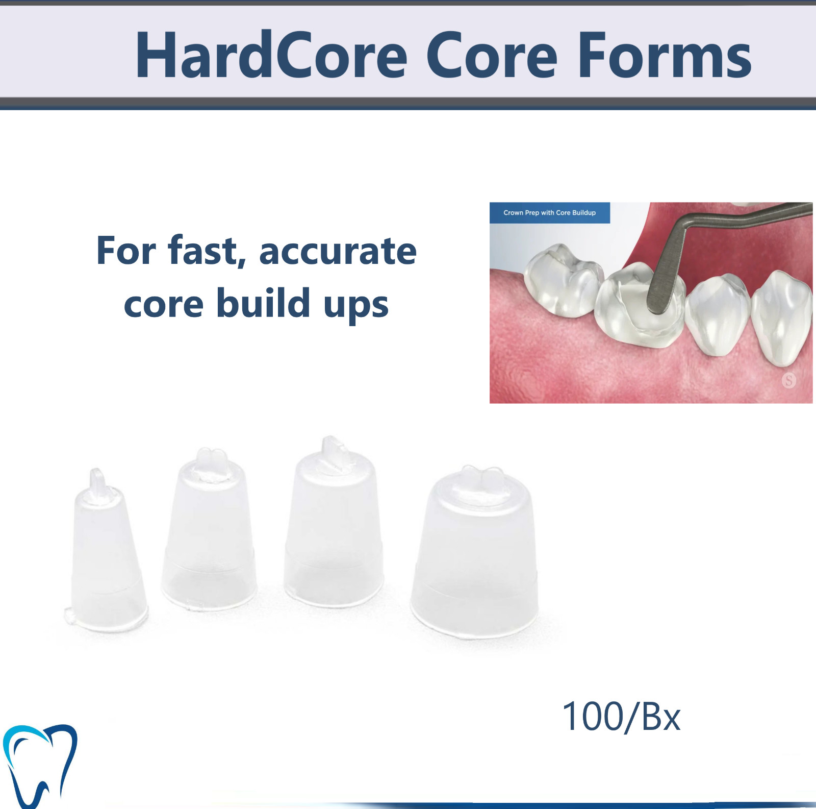 Dental Transparent Core Forms Core Buildup Refill 100/Bx, S/M/L/XL – Assorted