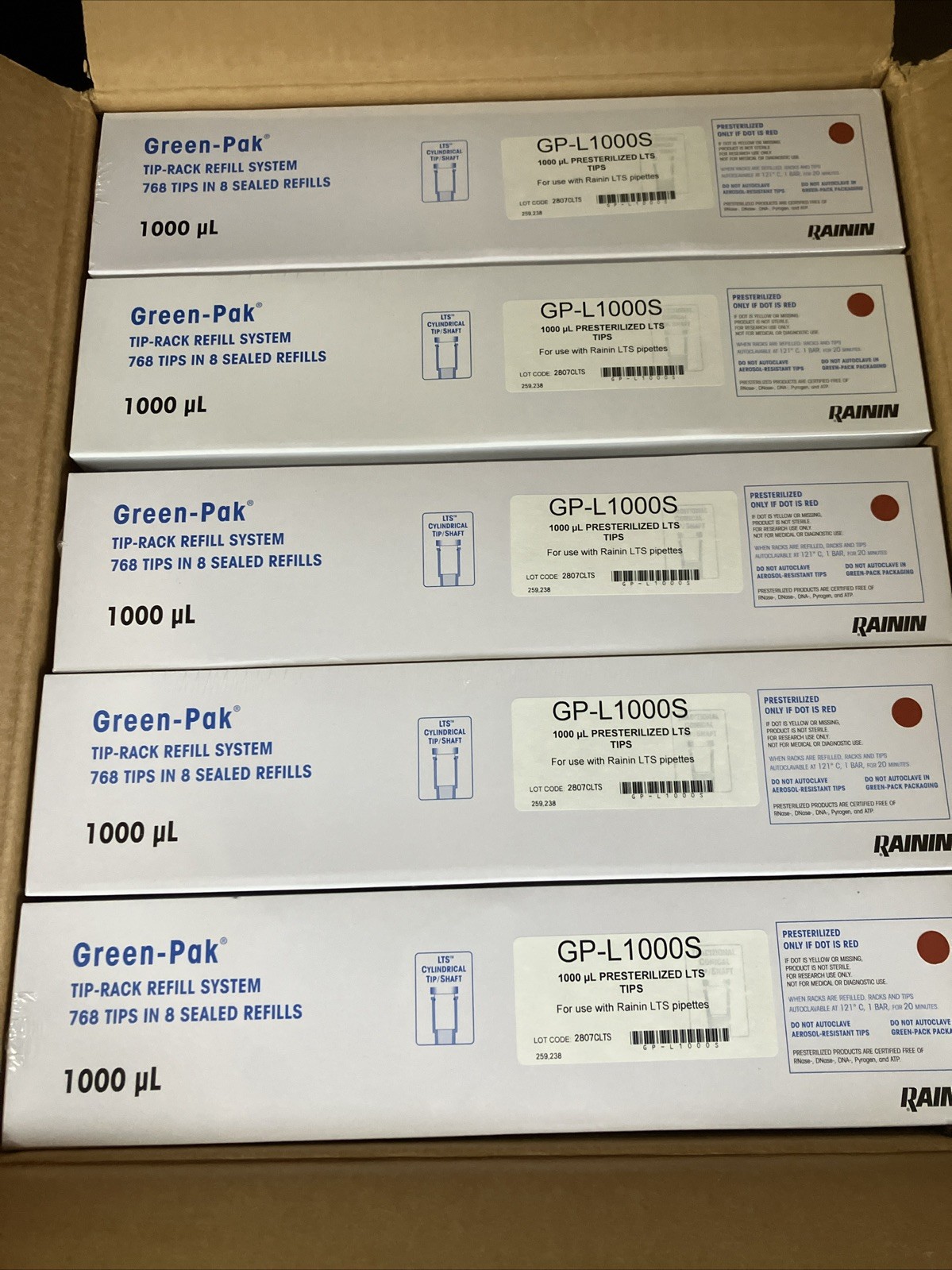 Rainin GP-L1000S Green-Pak Refill System 1000uL Sterilized LTS Tips 768×5 Boxes