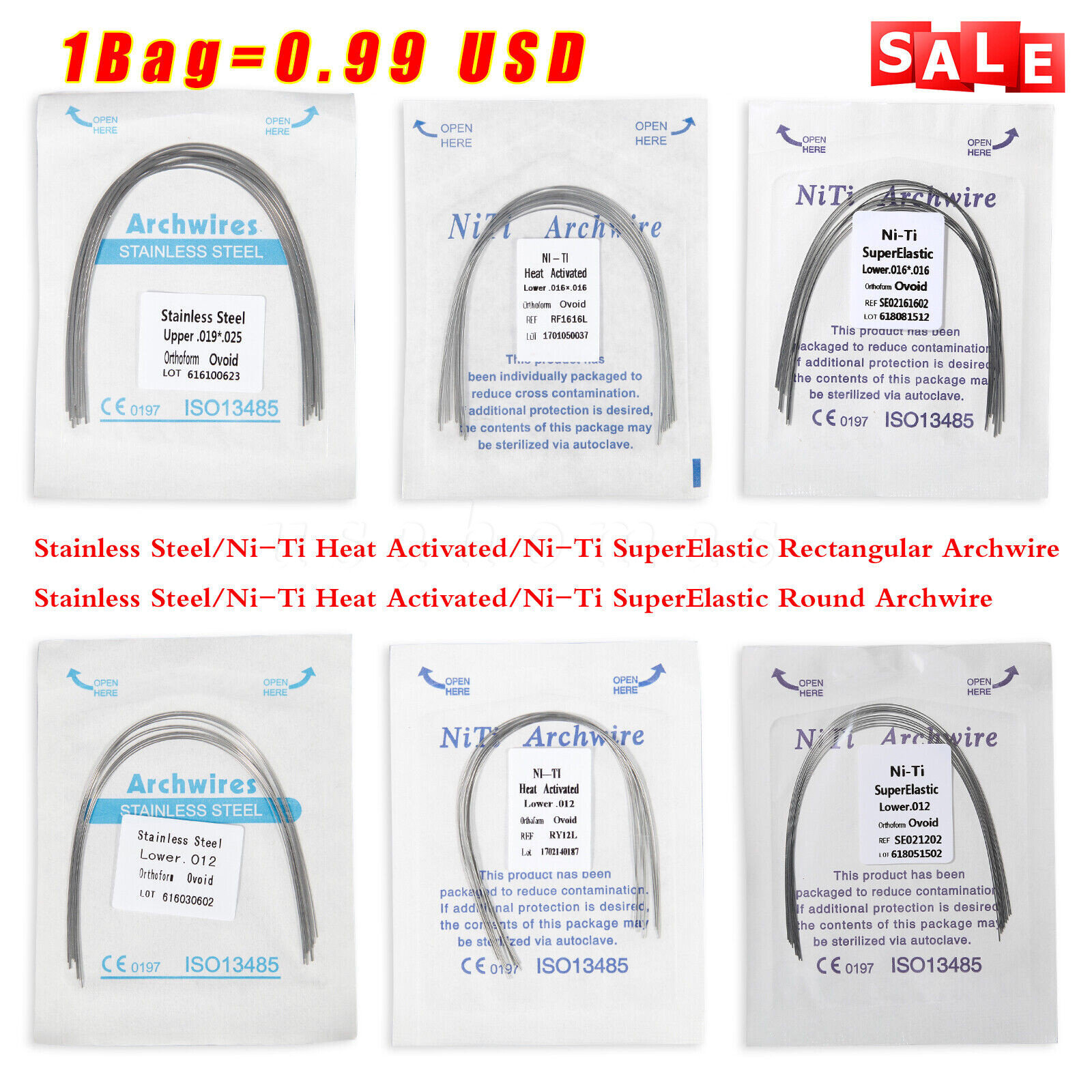 Ortho Arch Wire Super Elastic Niti/SS Round Rectangular Ovoid/Oval !0.99!