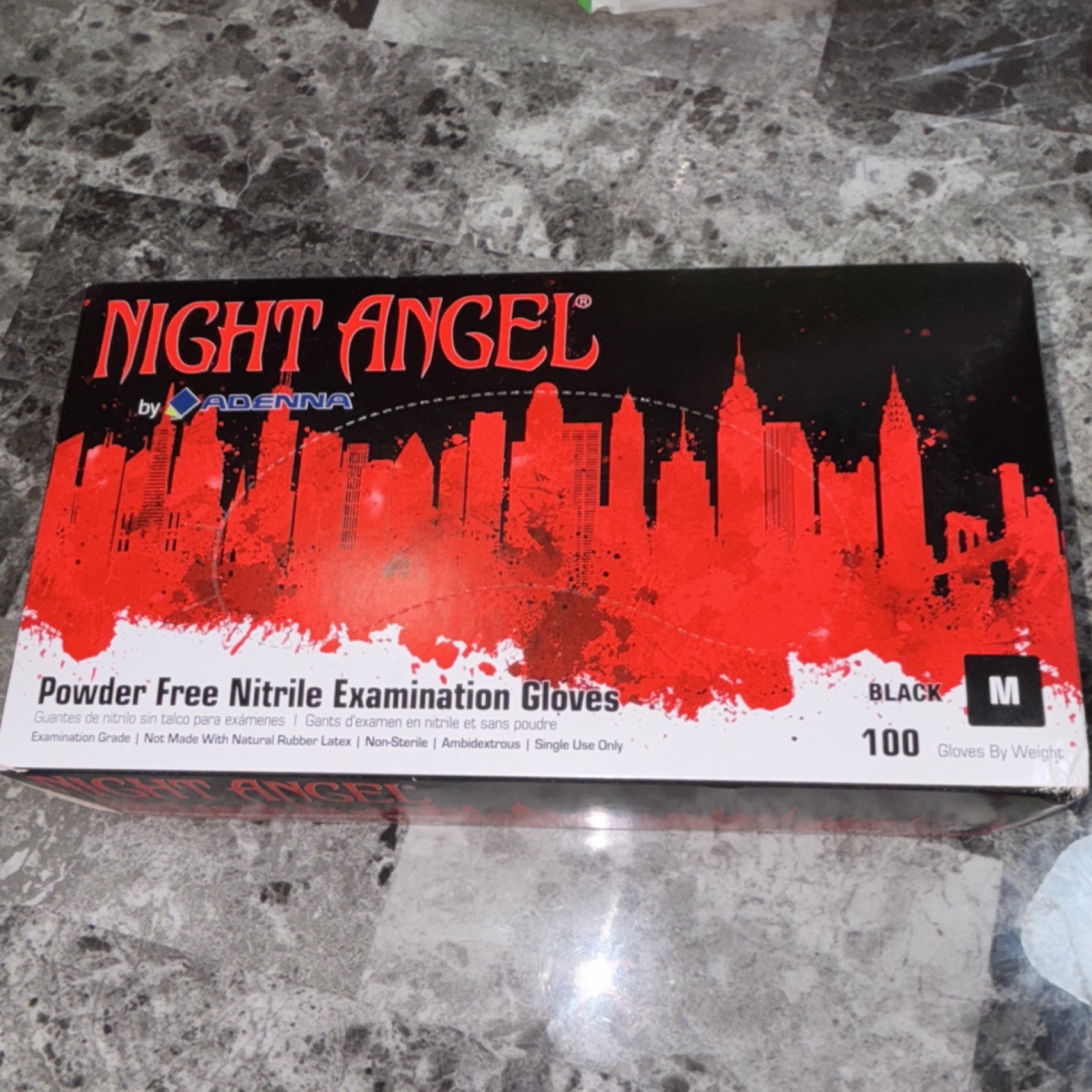 Adenna NGL225 Night Angel 4 mil Nitrile Powder Free Exam Gloves Black, M 100 pcs