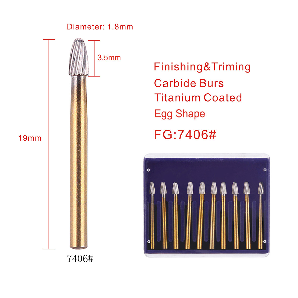 Dental FG 7406 Burs Tungsten Carbide Trimming&Finishing Egg Shape