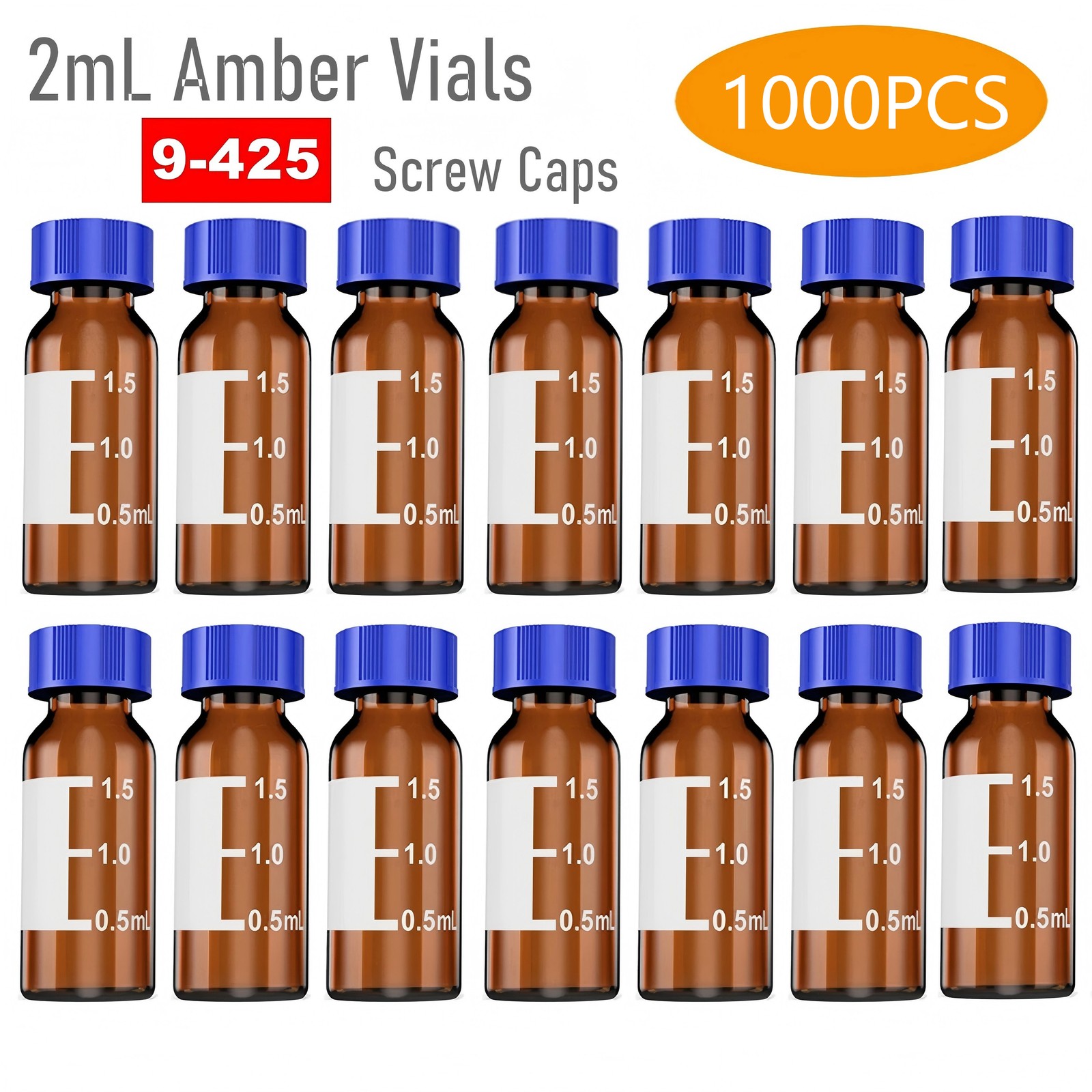 1000 Packs 2ml Autosampler Vials HPLC Vial 9-425 Amber Vial with Blue Screw Caps
