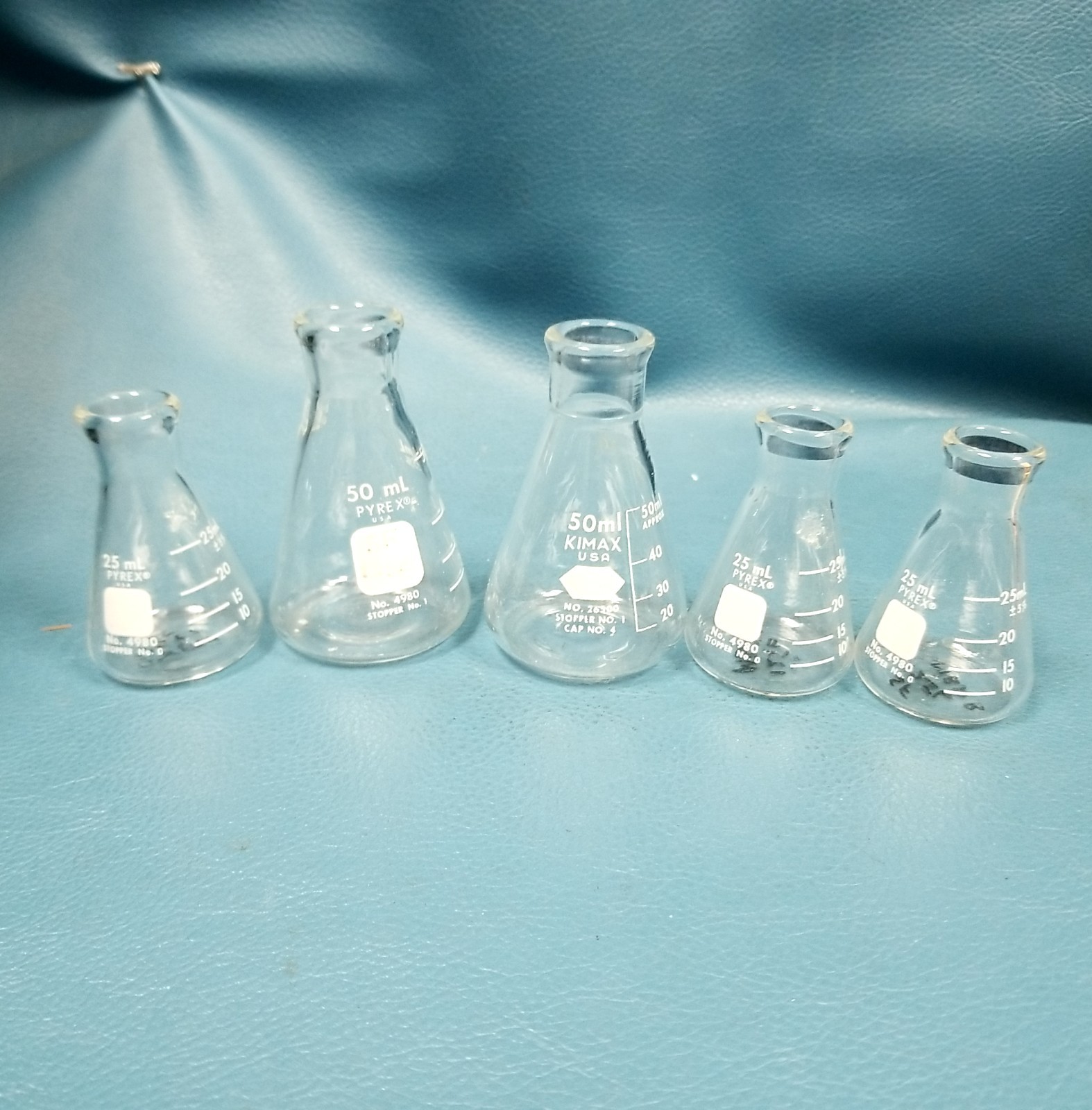 5 PYREX KIMAX Erlenmeyer Glass Flasks 25 mL 50 mL USA Labs Glass