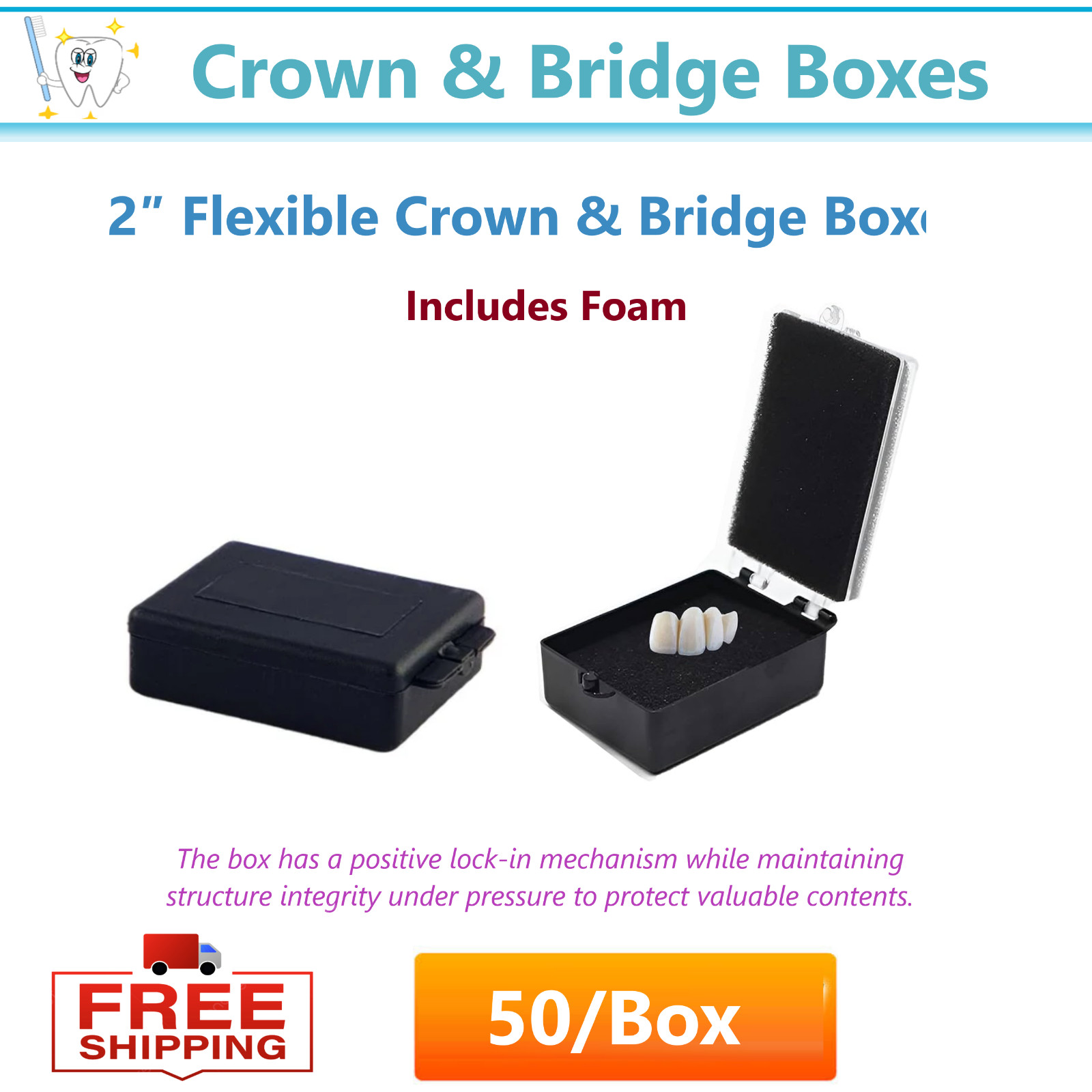 50/Box Dental Lab Packaging Plastic Box with Foam Single Crowns & Bridge Large