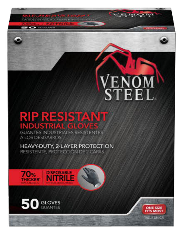 50CT – VENOM STEEL RIP-RESISTANT – DISPOSABLE BLACK NITRILE GLOVES – ONE SIZE