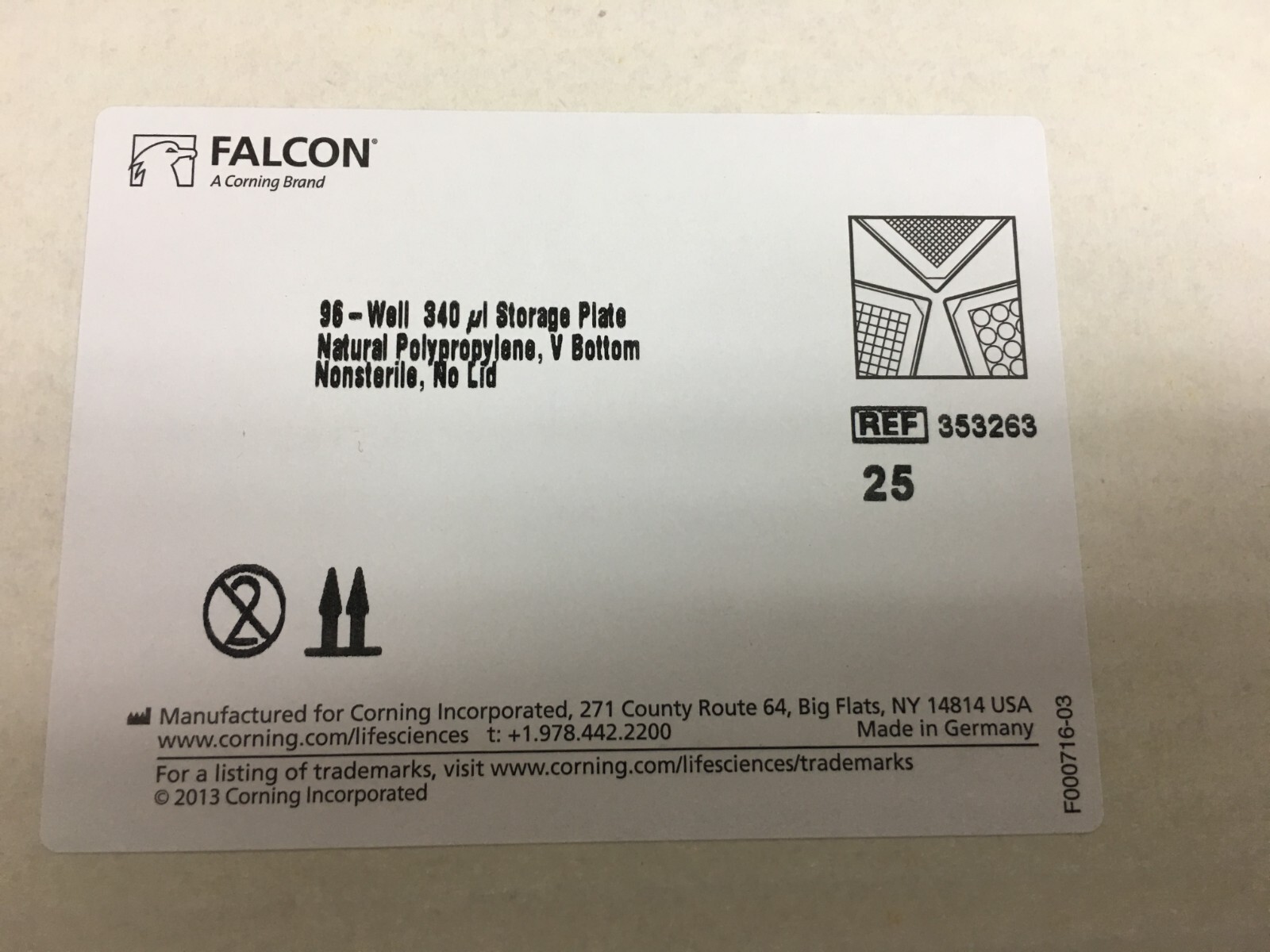 Corning Falcon REF 353263 96-well Clear V-Bottom Storage Microplate 340uL Lot