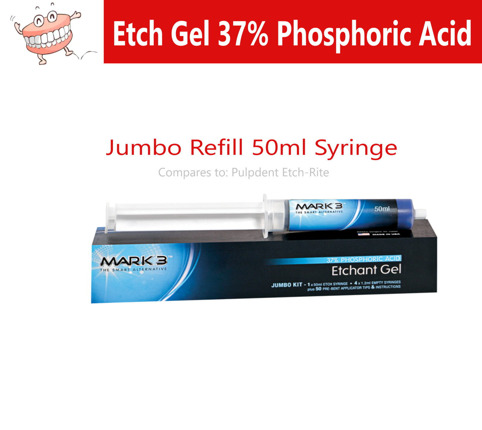 Dental Etch Gel Etching Gel 37% Phosphoric Acid Blue Jumbo 50mL Kit, Made in US