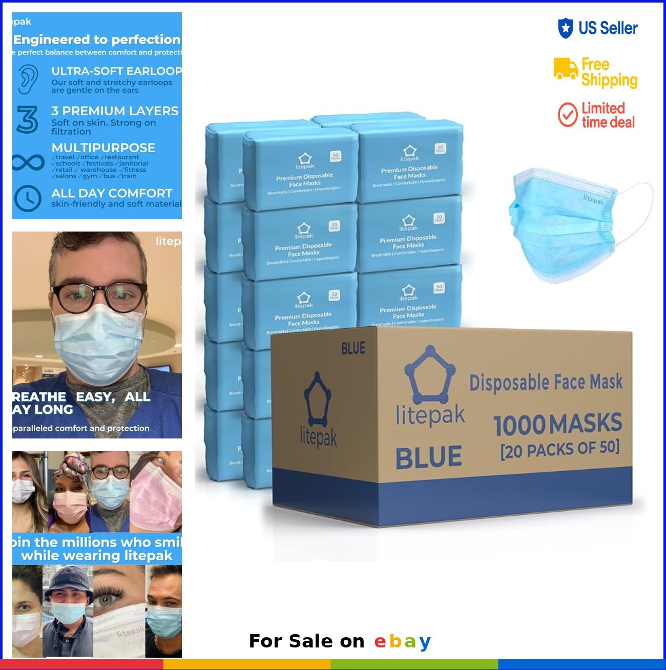 Disposable Face Masks 1000 PCS Breathable Comfortable 2 Ply Blue for Home Office