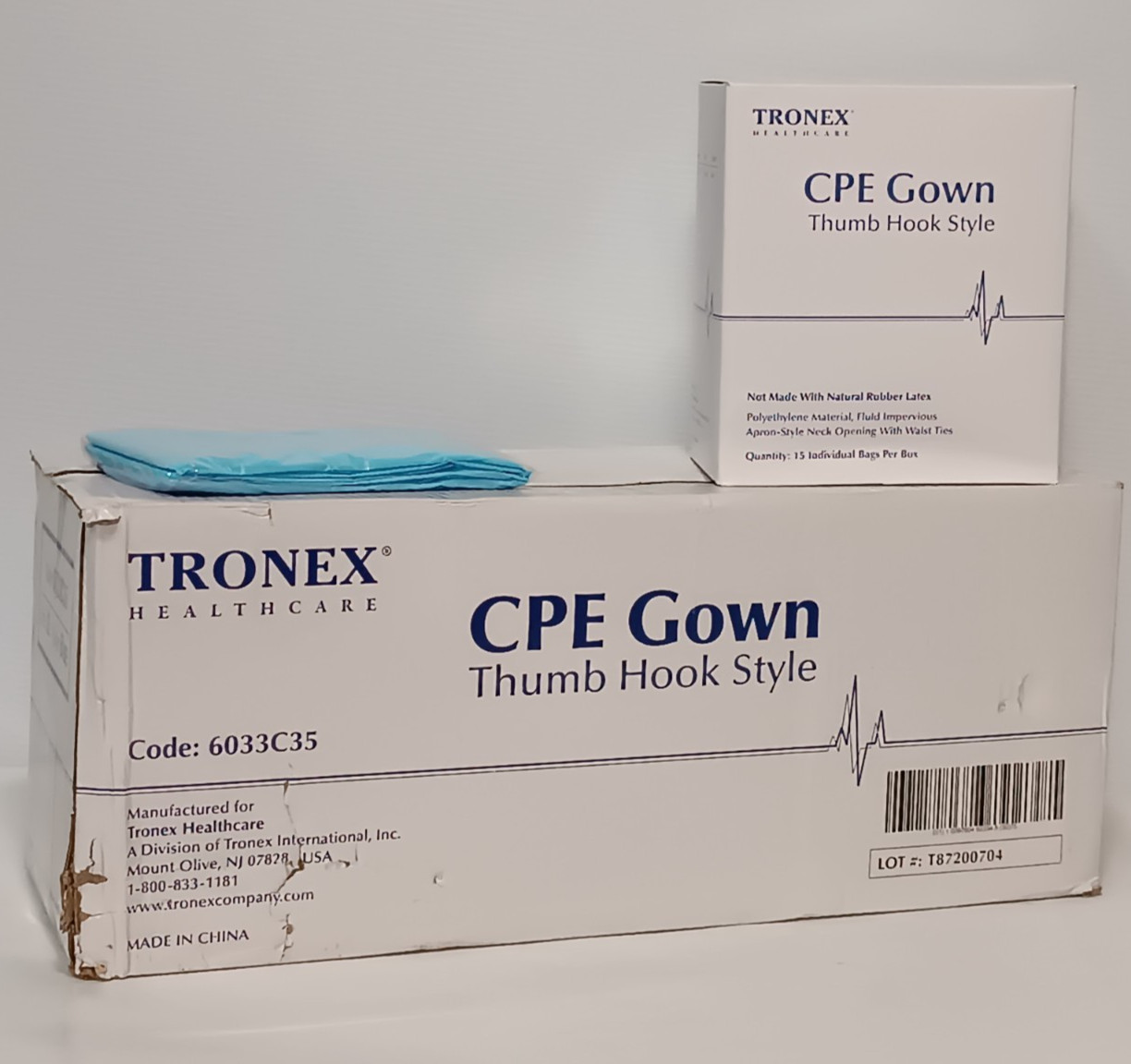 Box of 75: Tronex Healthcare 6033C35 Thumb Hook Style CPE Gown 120x104cm XL Blue
