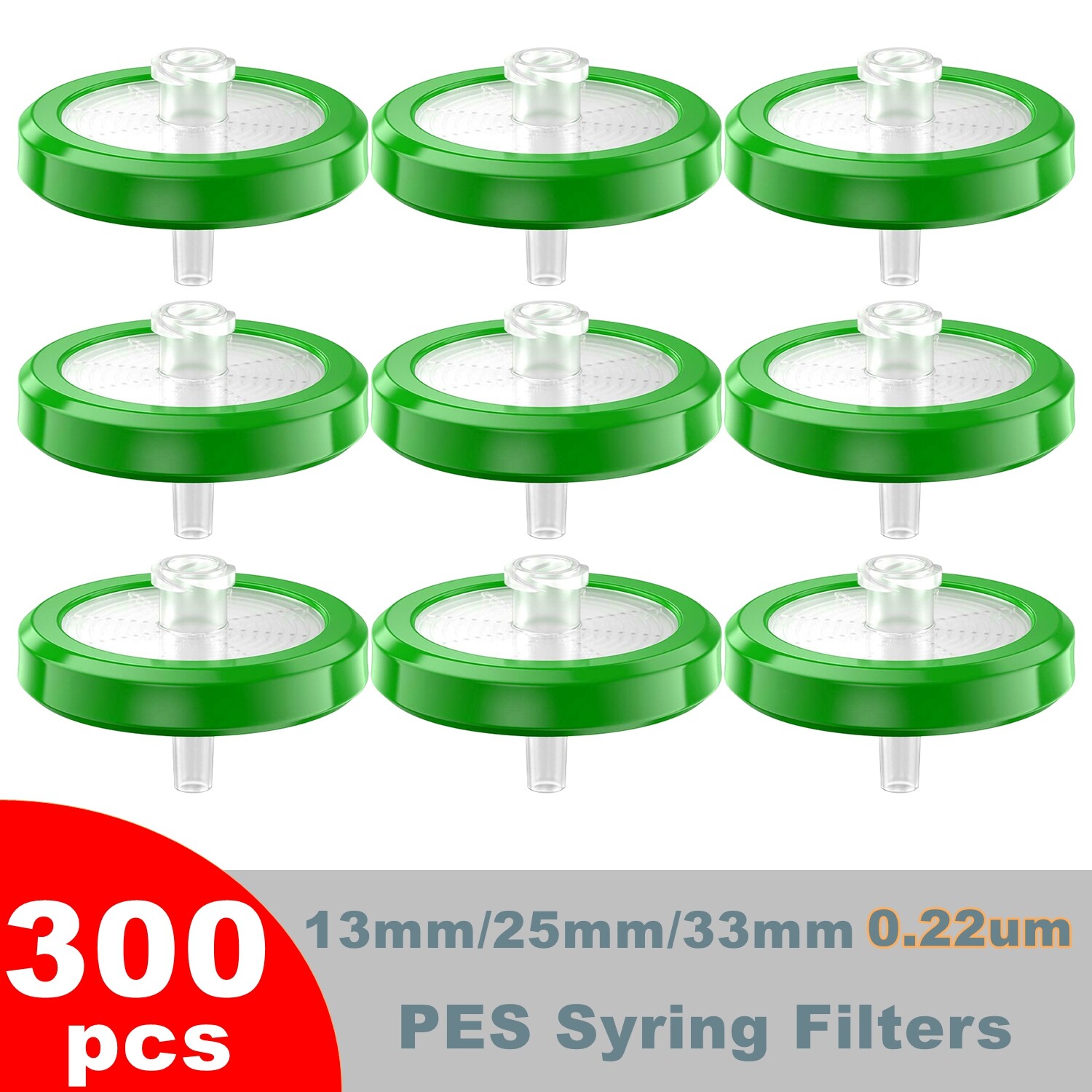 300pcs PES Syringe Lab Filters 0.22μm Pore Size 18mm/25mm/33mm Hydrophilic Green