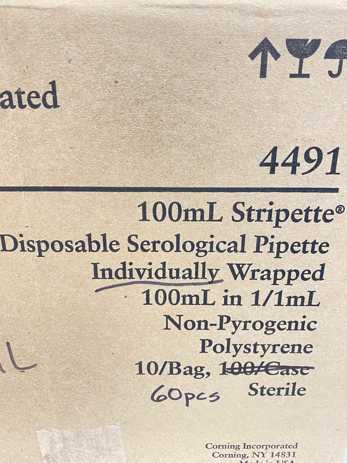 (60 Pcs) CORNING 100mL Polystyrene Stripette Serological Pipettes Aqua Plug 4491