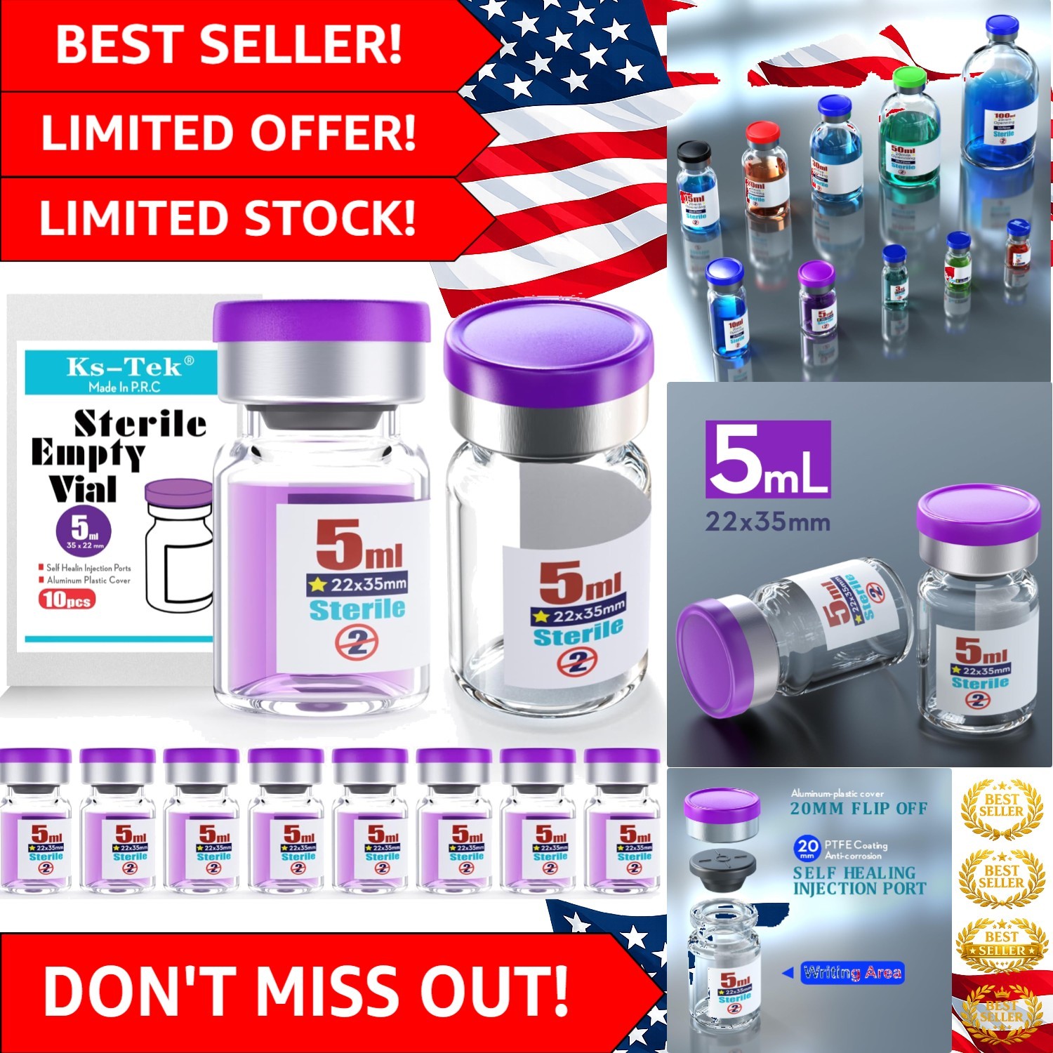 Sterile Vials 5ml – Glass Construction with Leak Resistance – 10 Pack