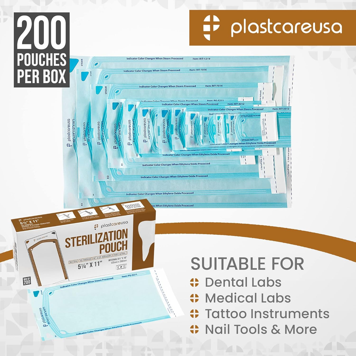 200 5.25 X 10 Self-Sterilization Pouches for Cleaning Tools, Autoclave Sterilize