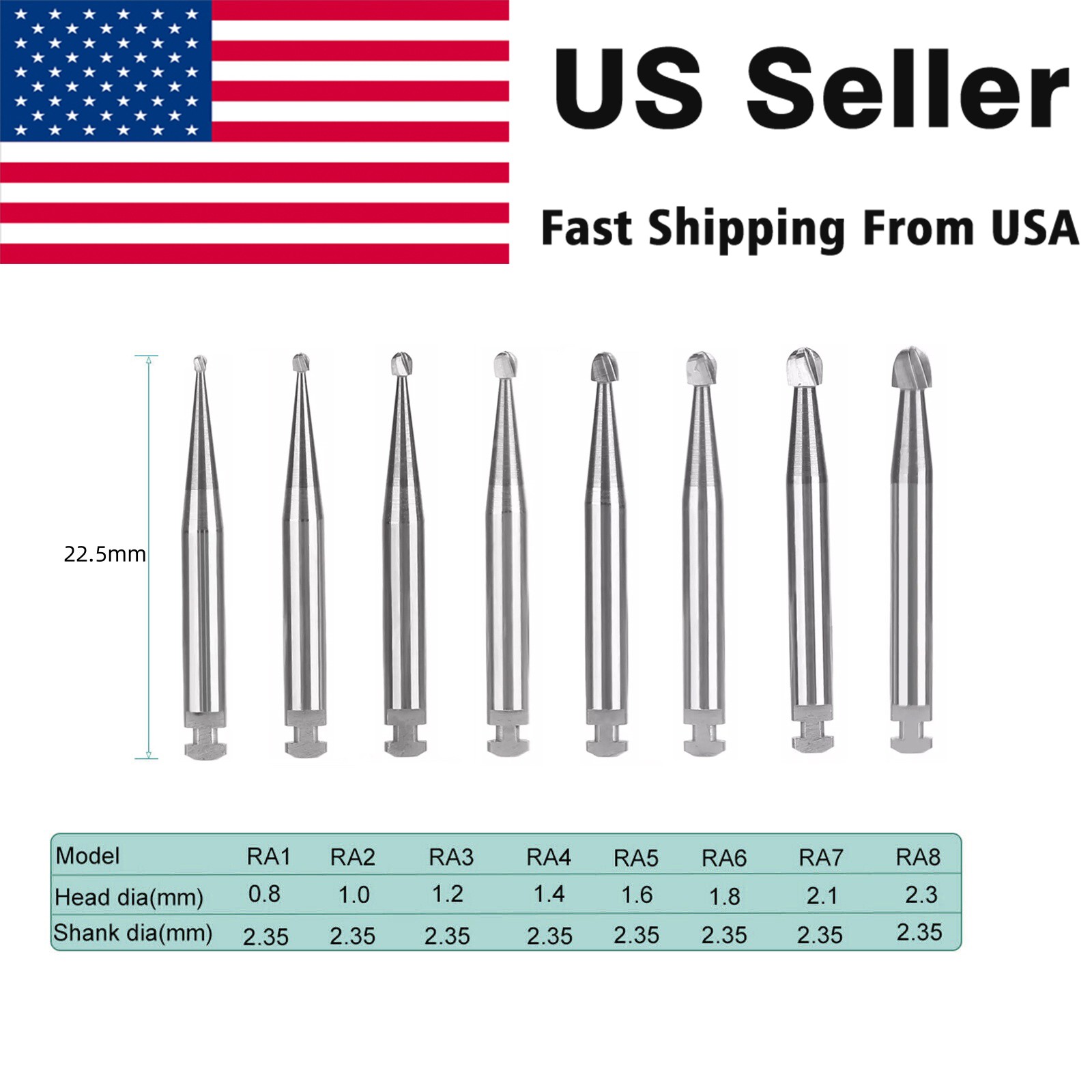 RA1-8 Dental lab Clinic Low Speed RA Round Carbide Burs for Slow Speed Latch BLR