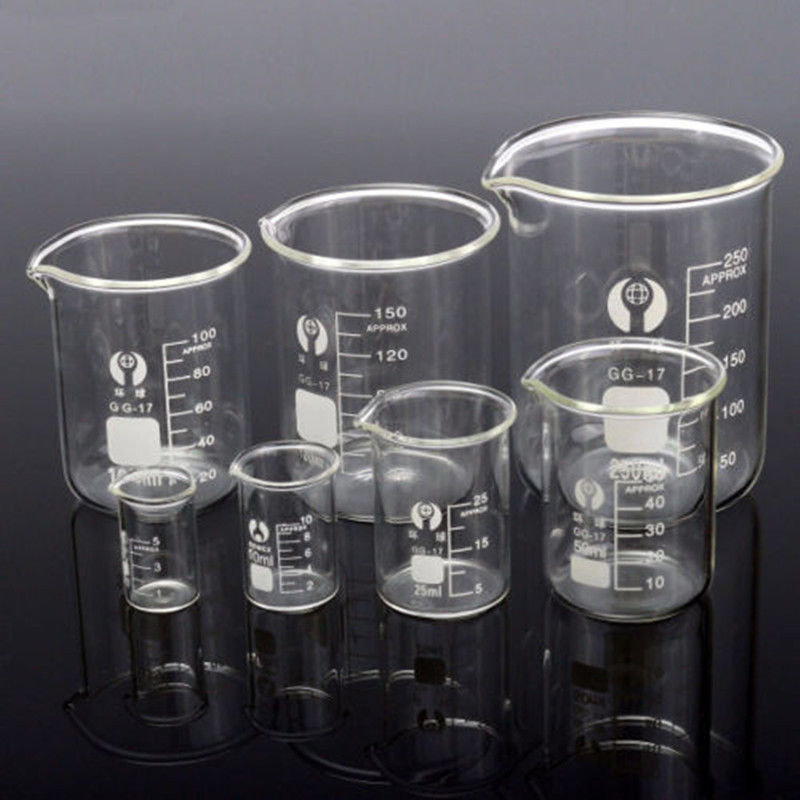 1 Set 7pcs 5/10/25/50/100/150/250ml Glass Beaker Chemistry Laboratory