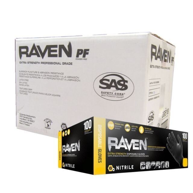 SAS 66518 RAVEN BLACK NITRILE EXAM GLOVES 10 Boxes Of 100 LARGE (1000) CASE
