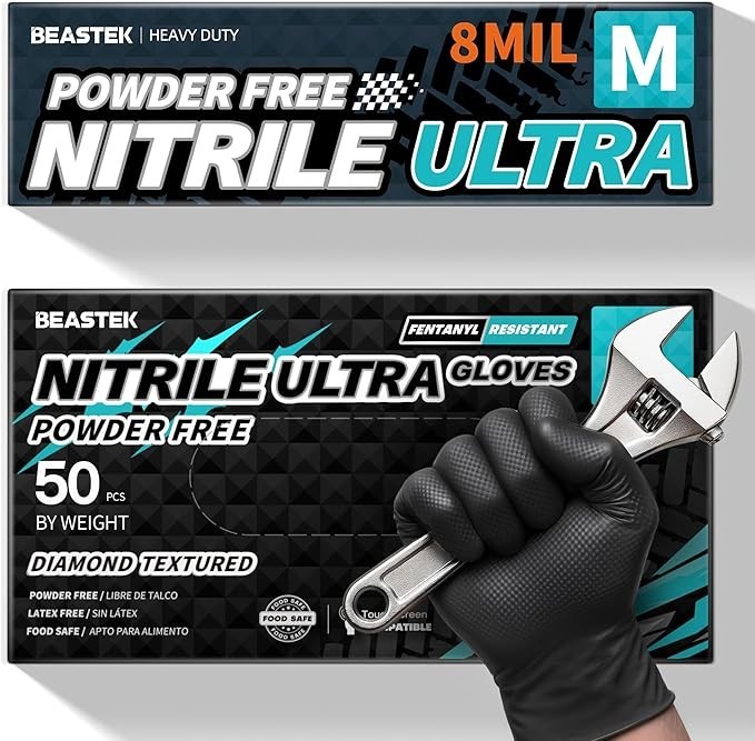 Beastek Nitrile Disposable Gloves, 8Mil Latex & Powder Free Chemical Resistant