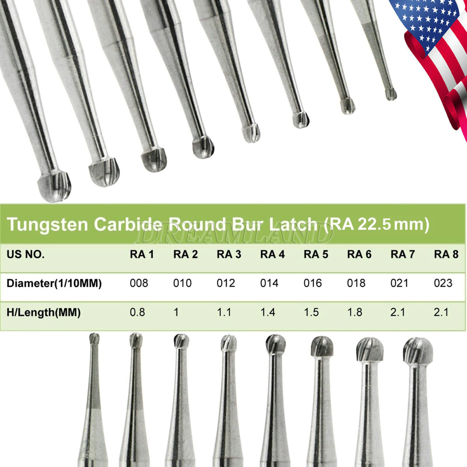 Round Carbide Burs for Slow Speed Latch RA (Choose Your Size & Qty) 22.5mm