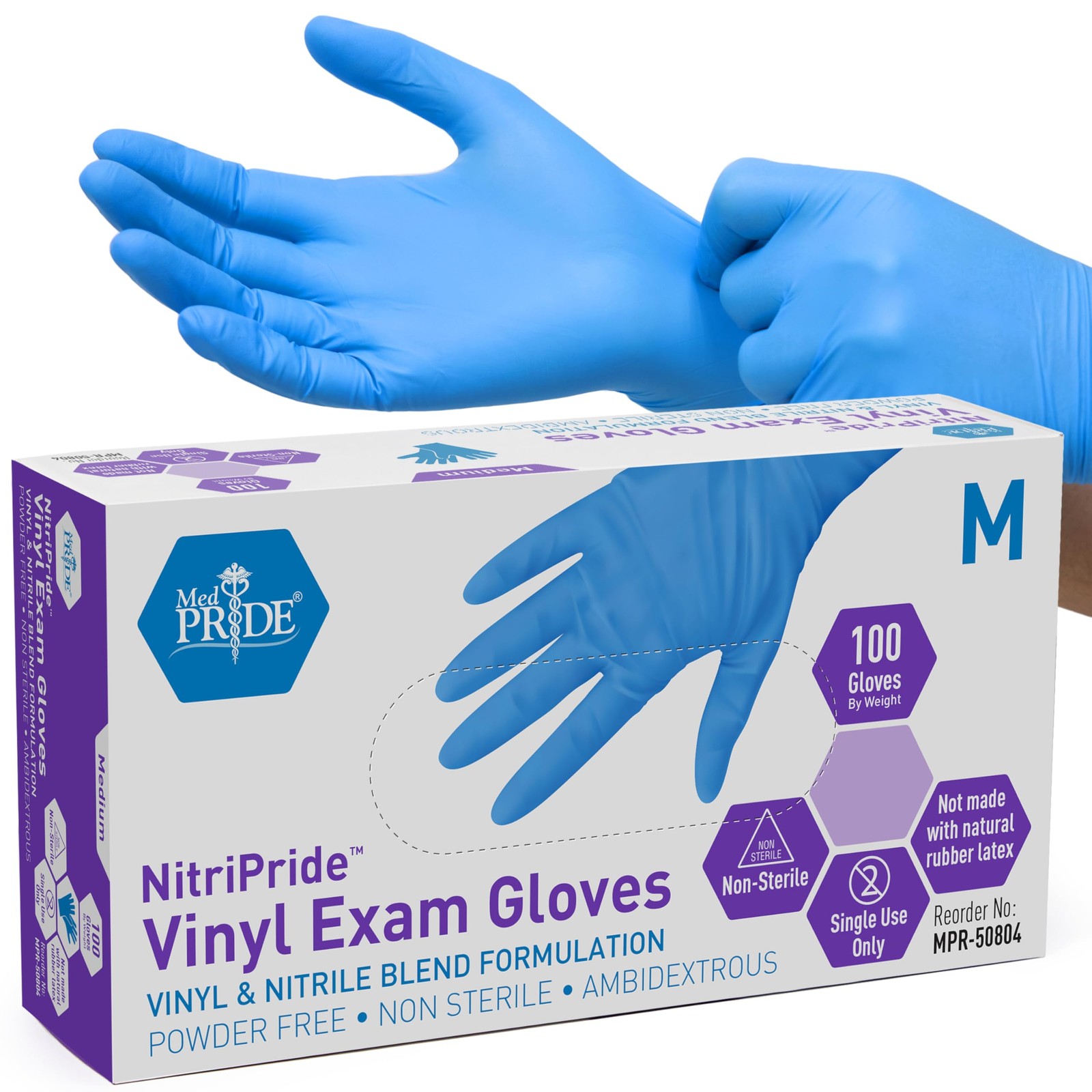MED PRIDE Nitrile/Vinyl Blend Exam Gloves, Powder-Free, Medium, Blue
