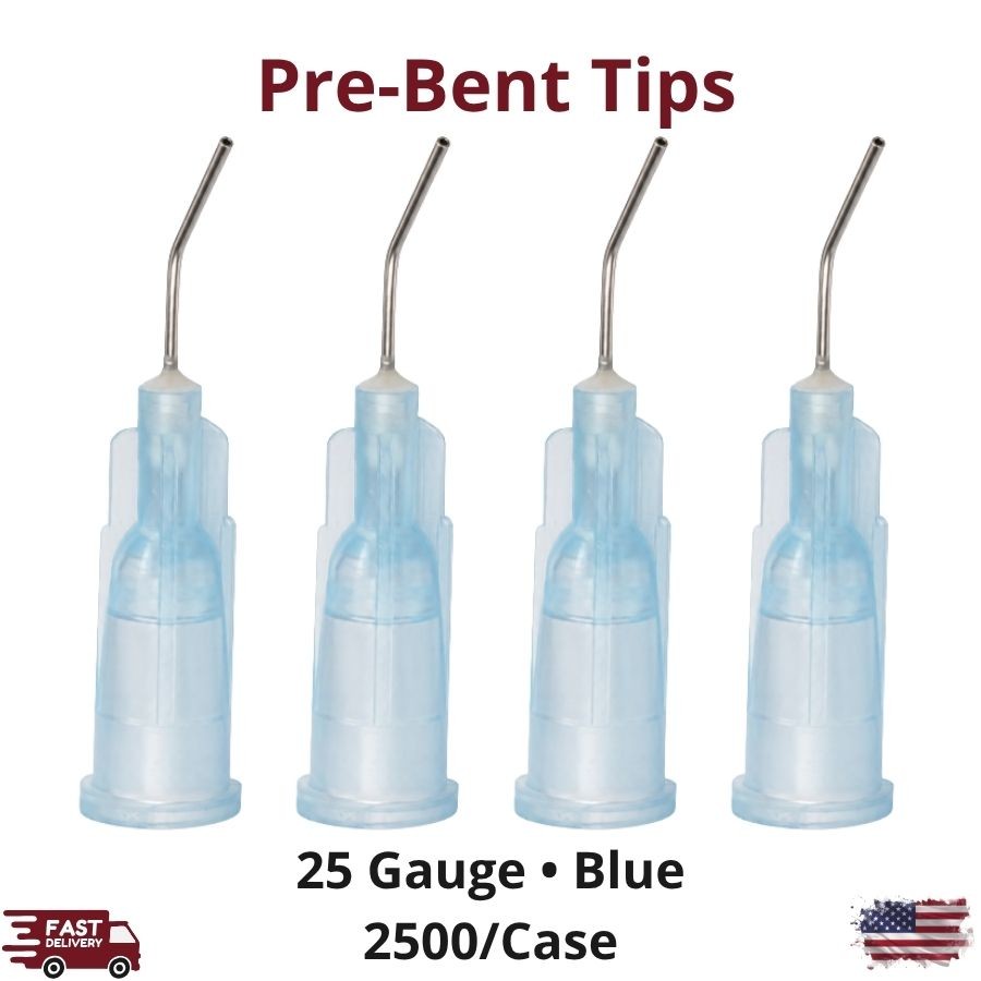 2500/Case Blue 25 Gauge Pre-Bent Flow Applicator Tips Easy Dispensing Precision