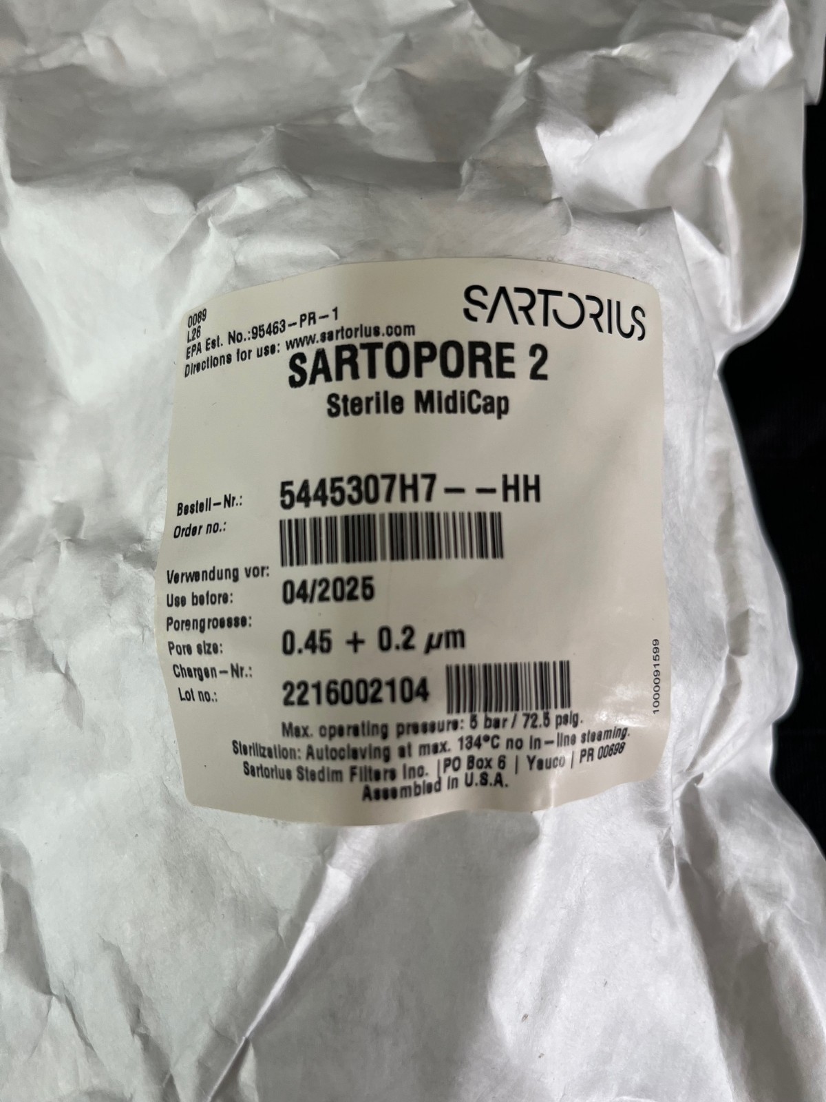 SARTORIUS Sartopore 2 Strl Midicap 0.45 + 0.2um, 5445307H7–HH–A, Exp 4/25, 1pc