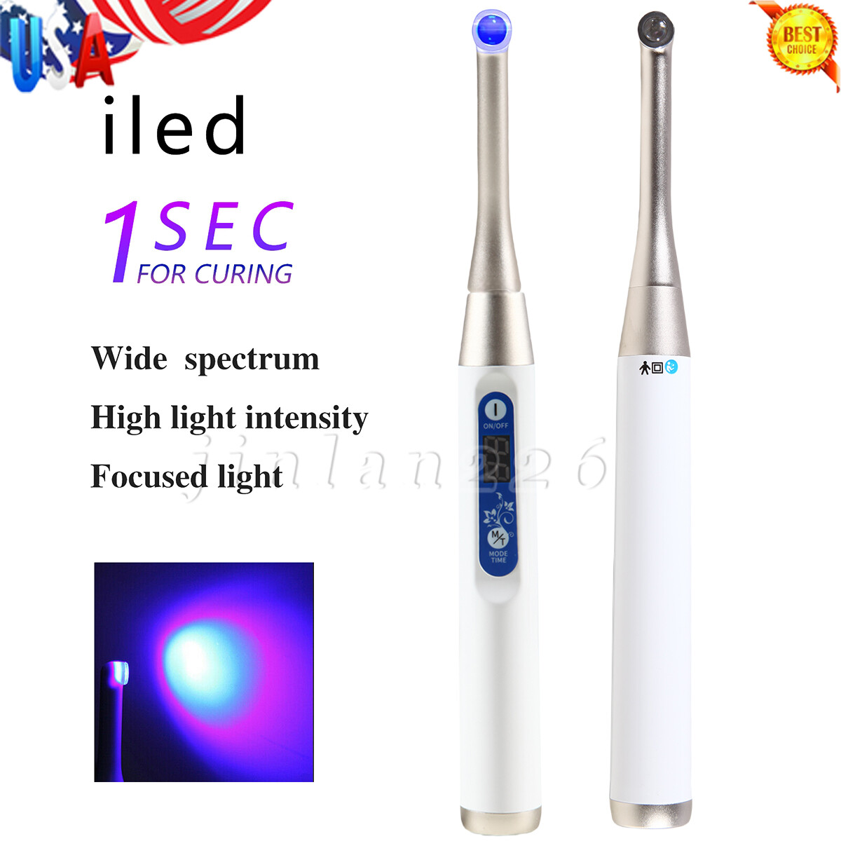 Dental 5W Cordless Curing Light 1S LED Light Cure Lamp Metal Head 3 Modes 1 Sec
