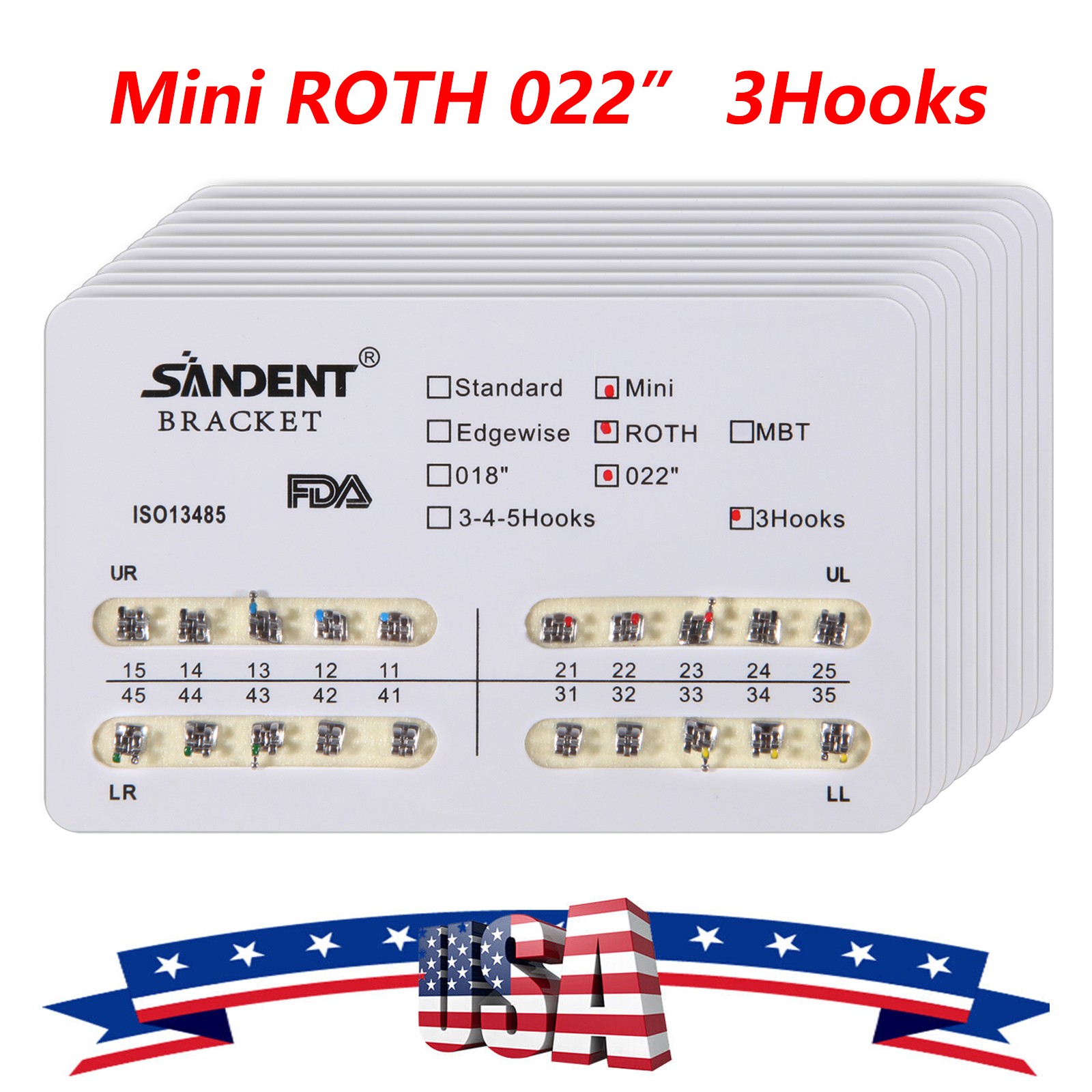 10* Dental Ortho Orthodontics Brackets Braces Mini Roth 022 Slot 3 Hooks IIC NEW