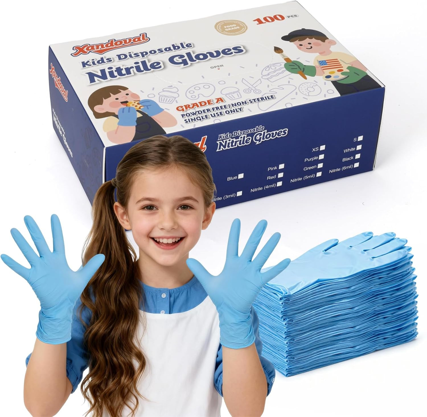 Kids Disposable Gloves for 3-8 Years, 5Mil Blue Nitrile Gloves with Latex-Free a