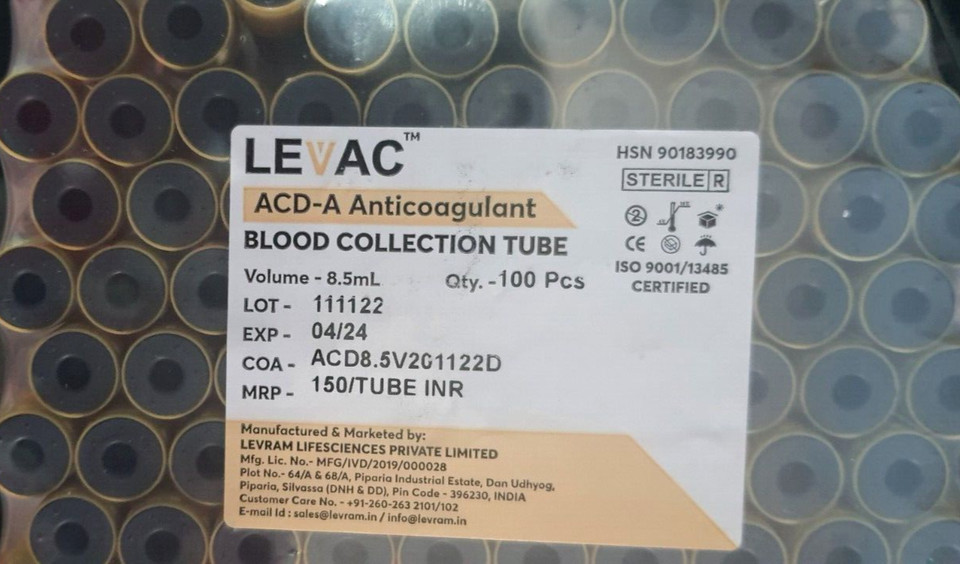 Branded ACD Solution A 8.5 mL PPT PRF 100 Tubes PACK