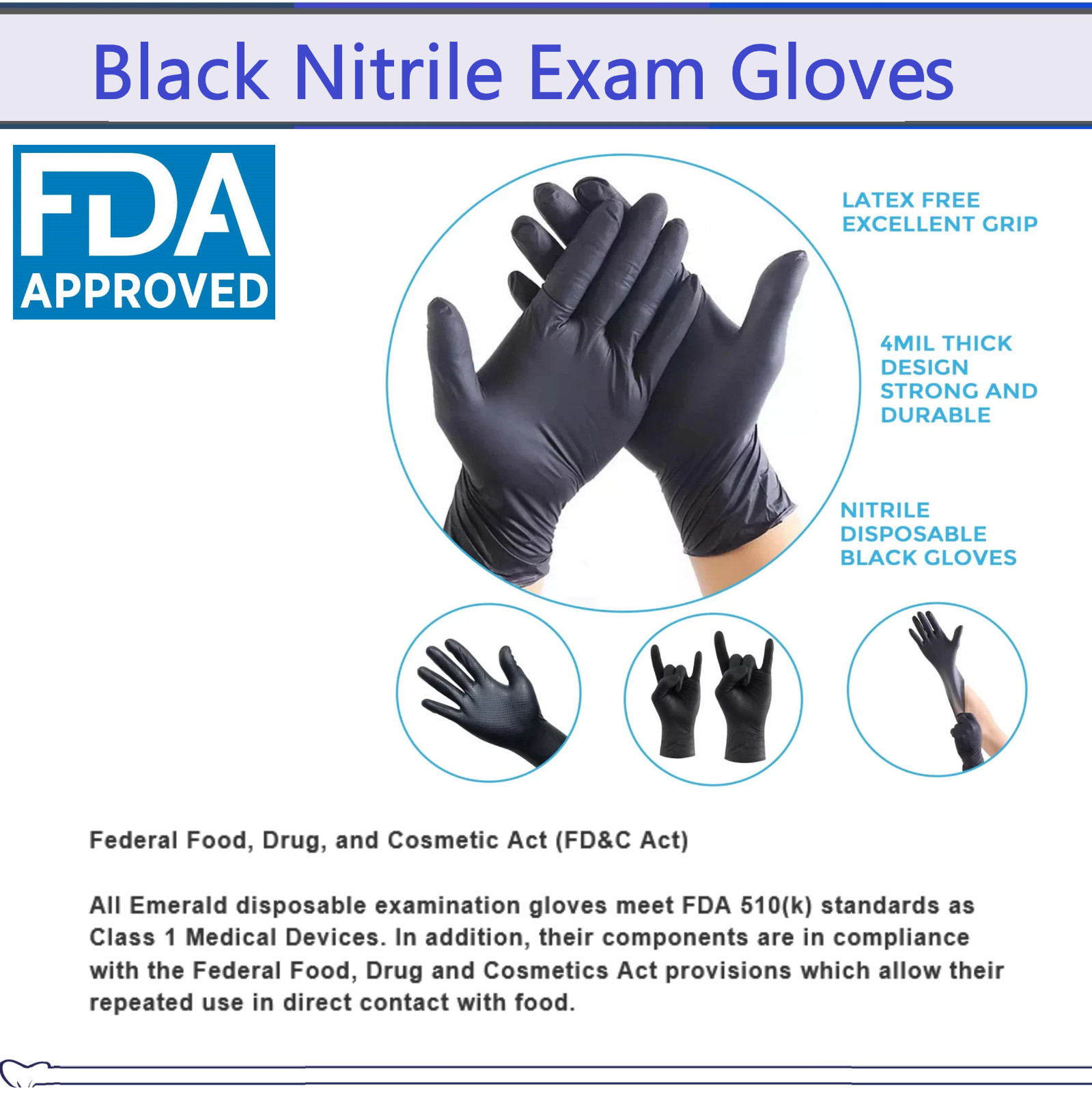 Emerald Black Nitrile Medical Gloves FDA Powder & Latex Free Disposable 3 mil