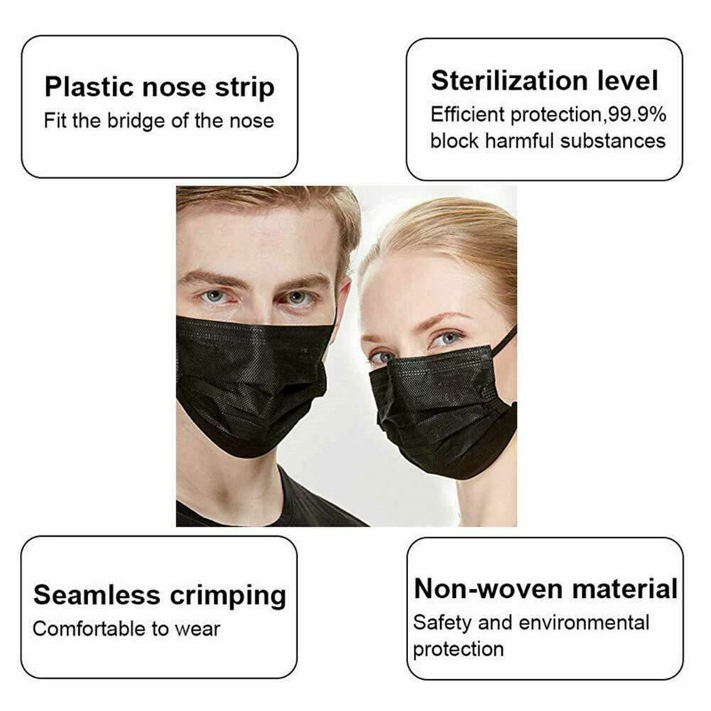 10,50,100,200 Black Disposable Medical Face Mask 3 Layer C.E Approval FFP2