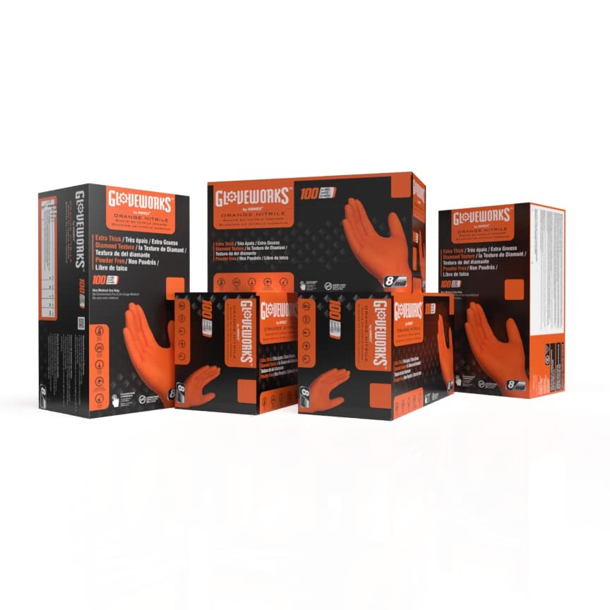 GLOVEWORKS Orange Nitrile Work Gloves, 8 Mil Disposable Heavy Duty, Raised Di…