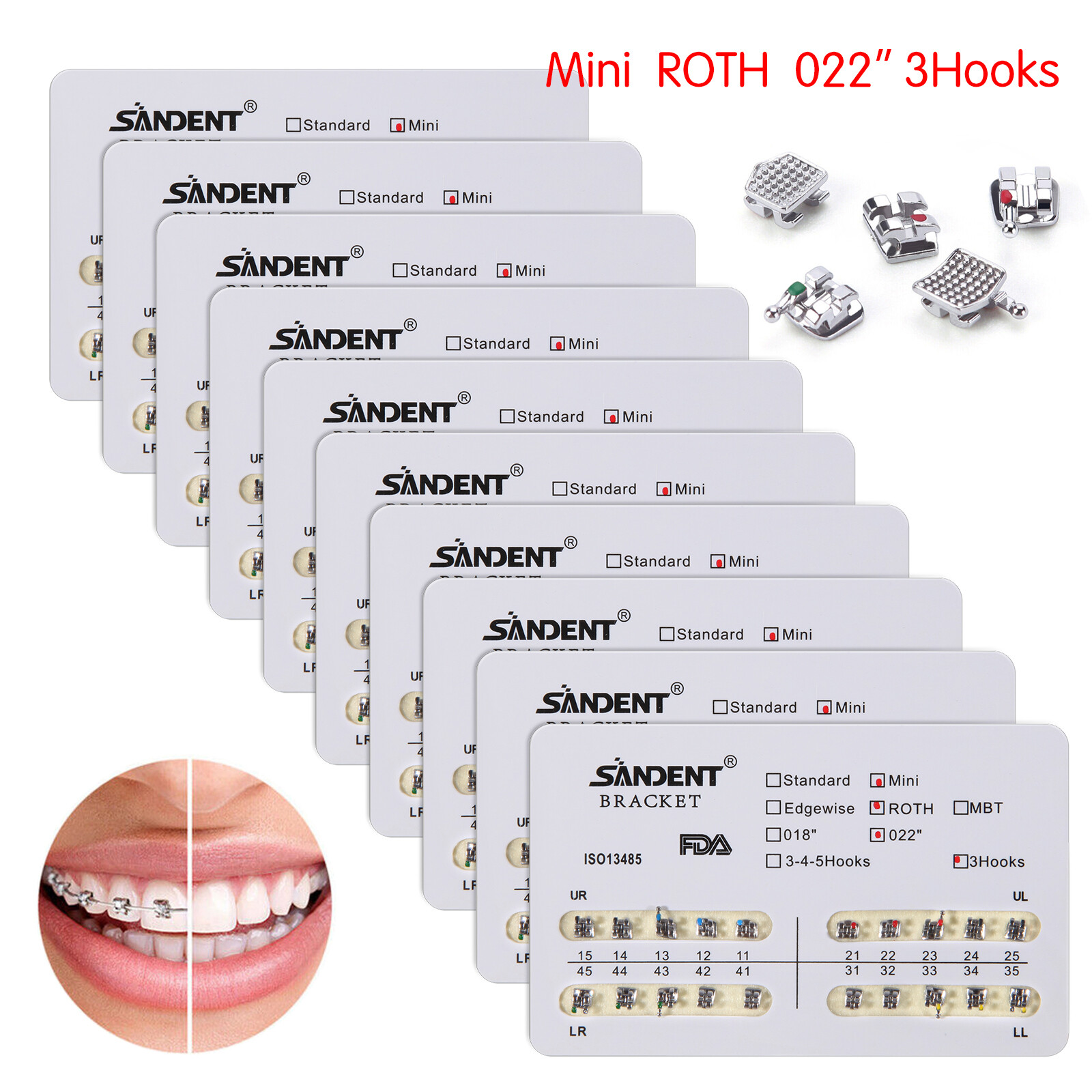 10 Packs SANDENT Dental Orthodontic Brackets Braces Mini Roth 022″Slot 3 Hooks