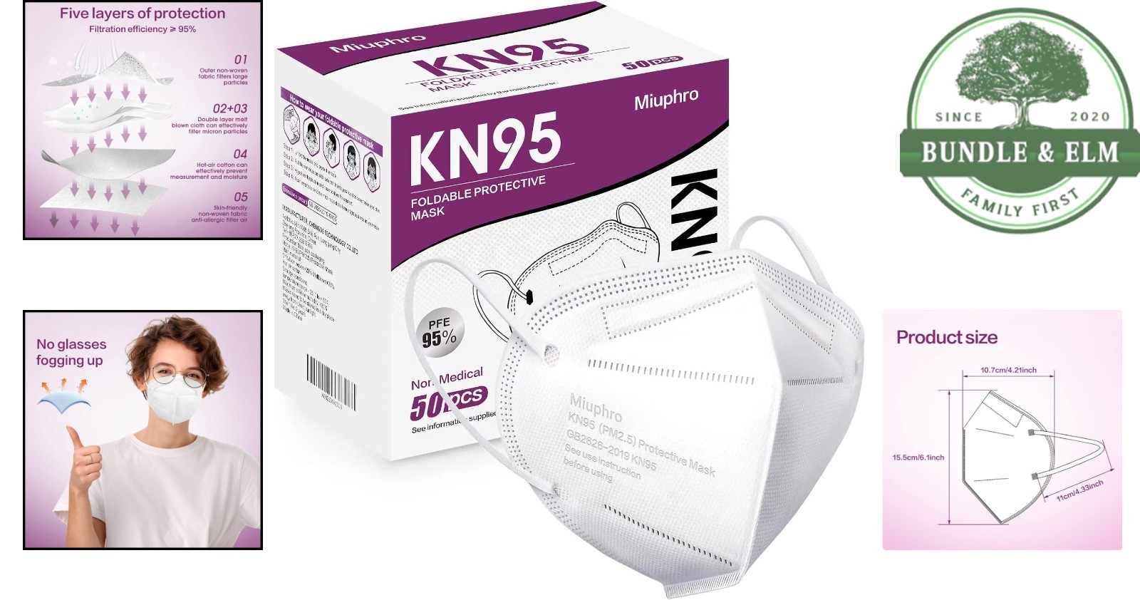 Comfortable 5-Layer KN95 Masks, 50 Disposable Masks with Skin-Friendly Fabric