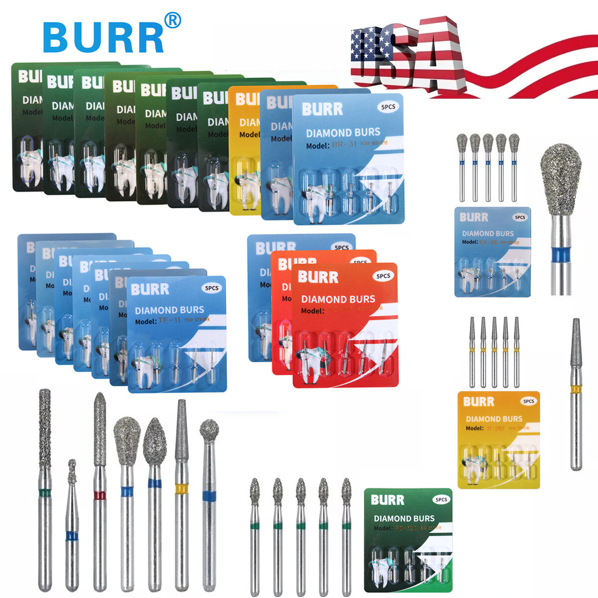 【USA】100Pcs Dental Diamond Burs for High Speed Handpiece Medium FG 1.6MM
